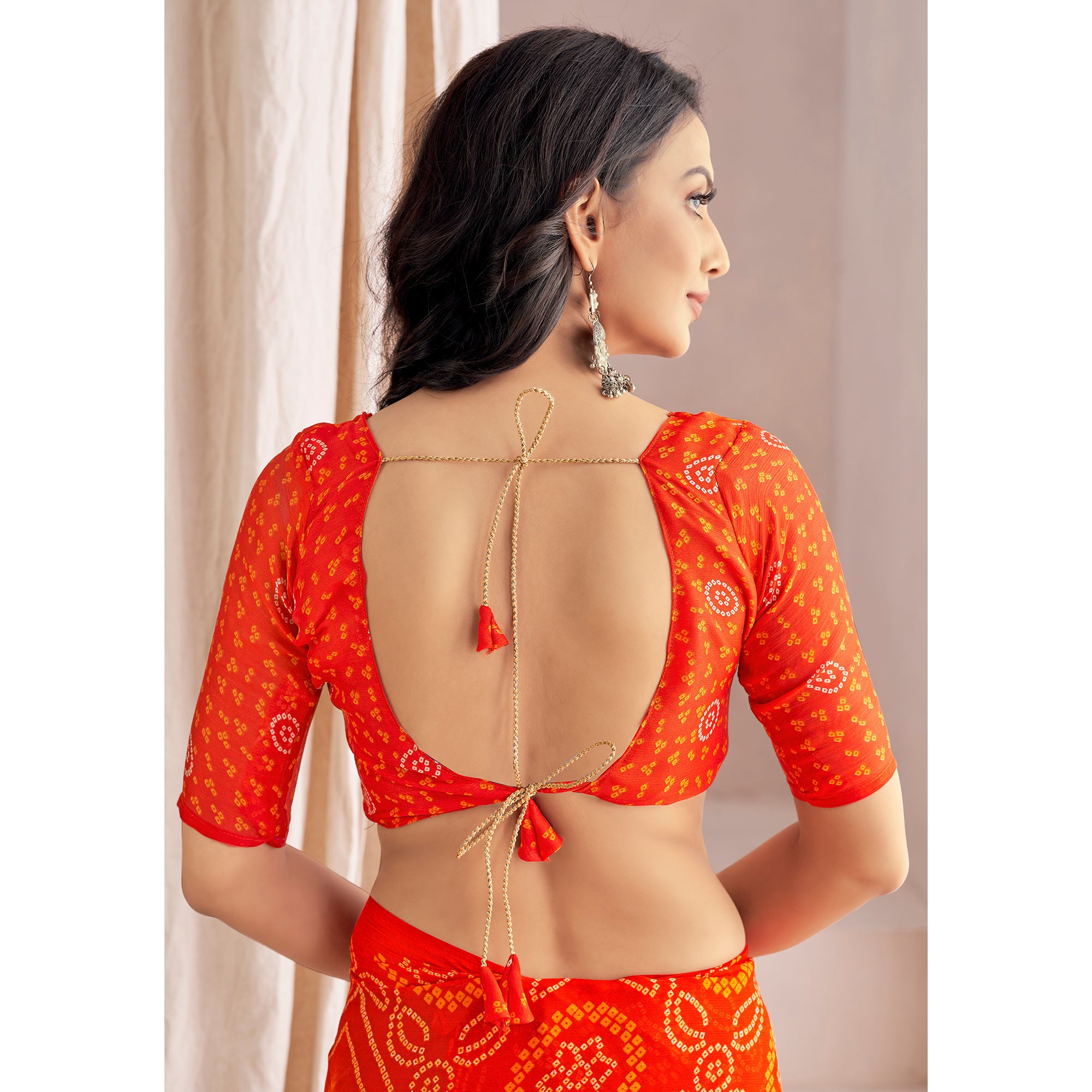 Orange Bandhani Printed Chiffon Saree