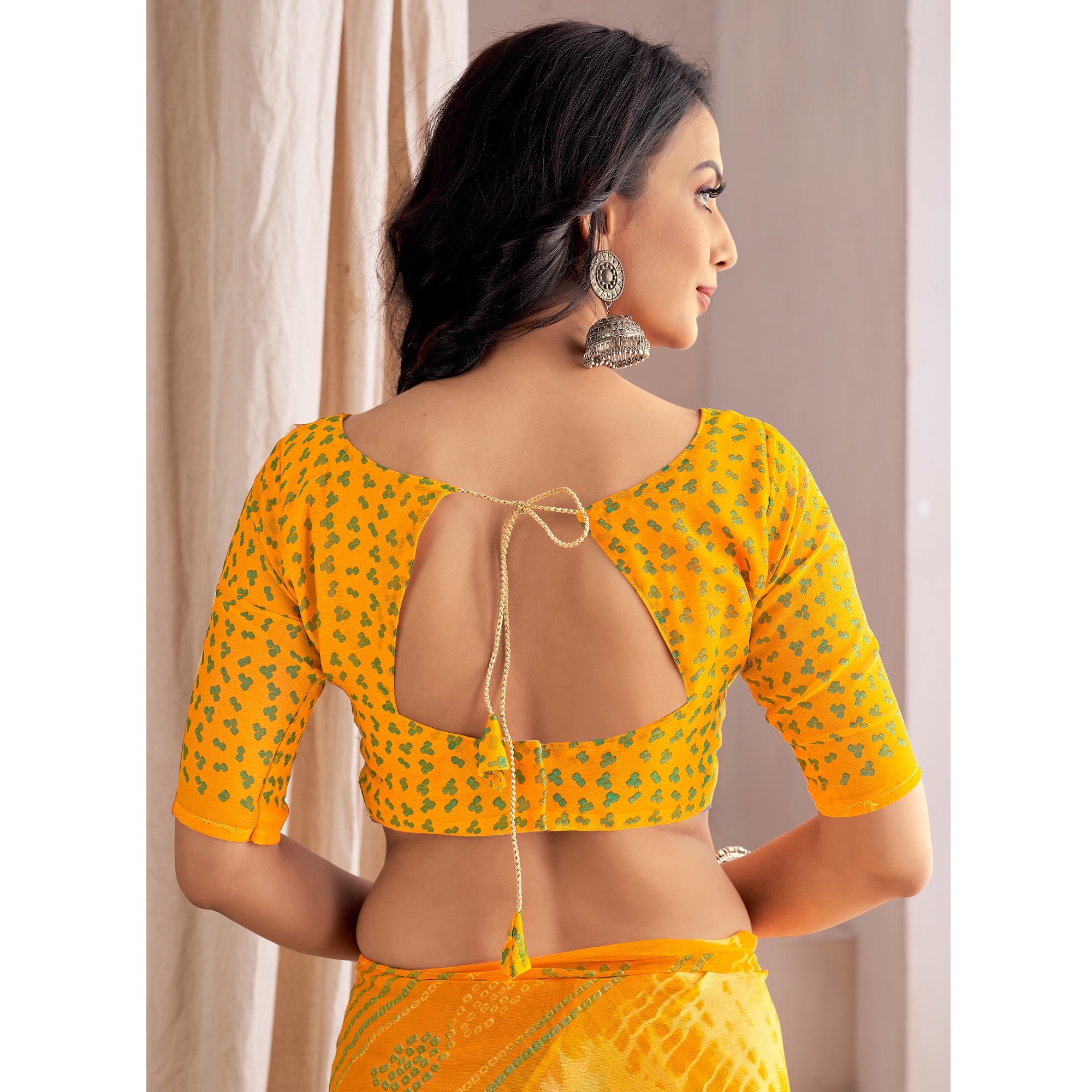 Yellow Bandhani Printed Chiffon Saree