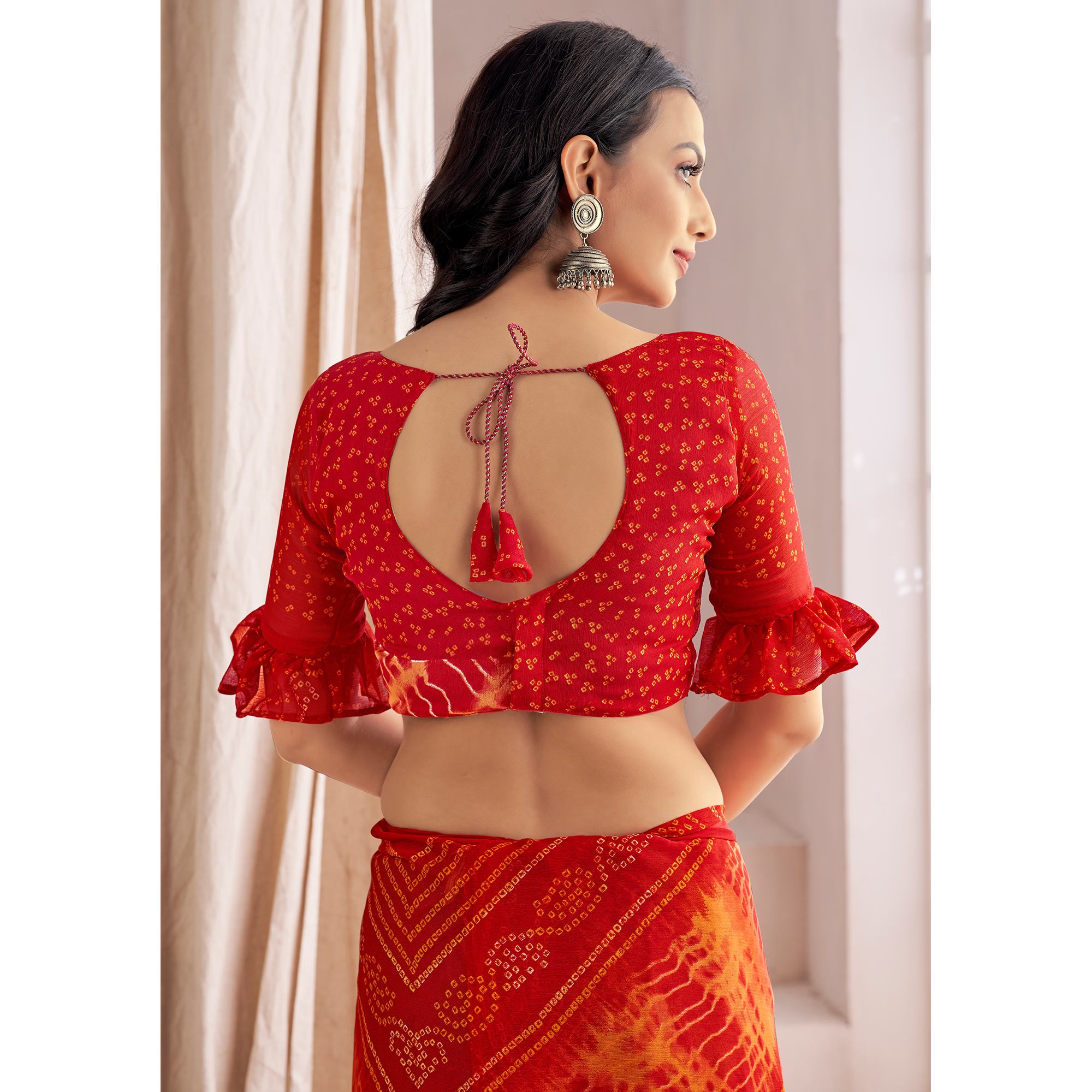 Red Bandhani Printed Chiffon Saree