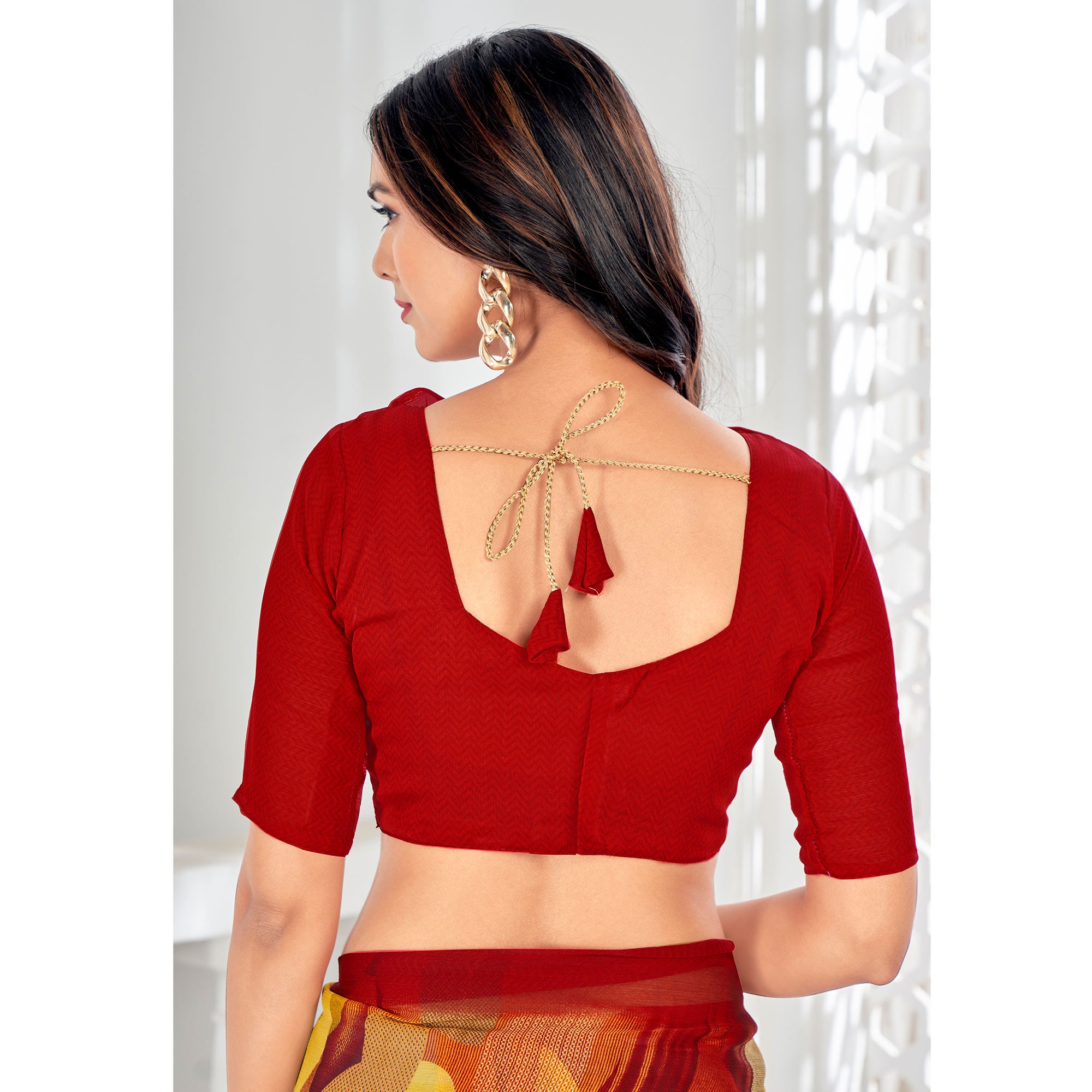 Red & Yellow Printed Chiffon Saree