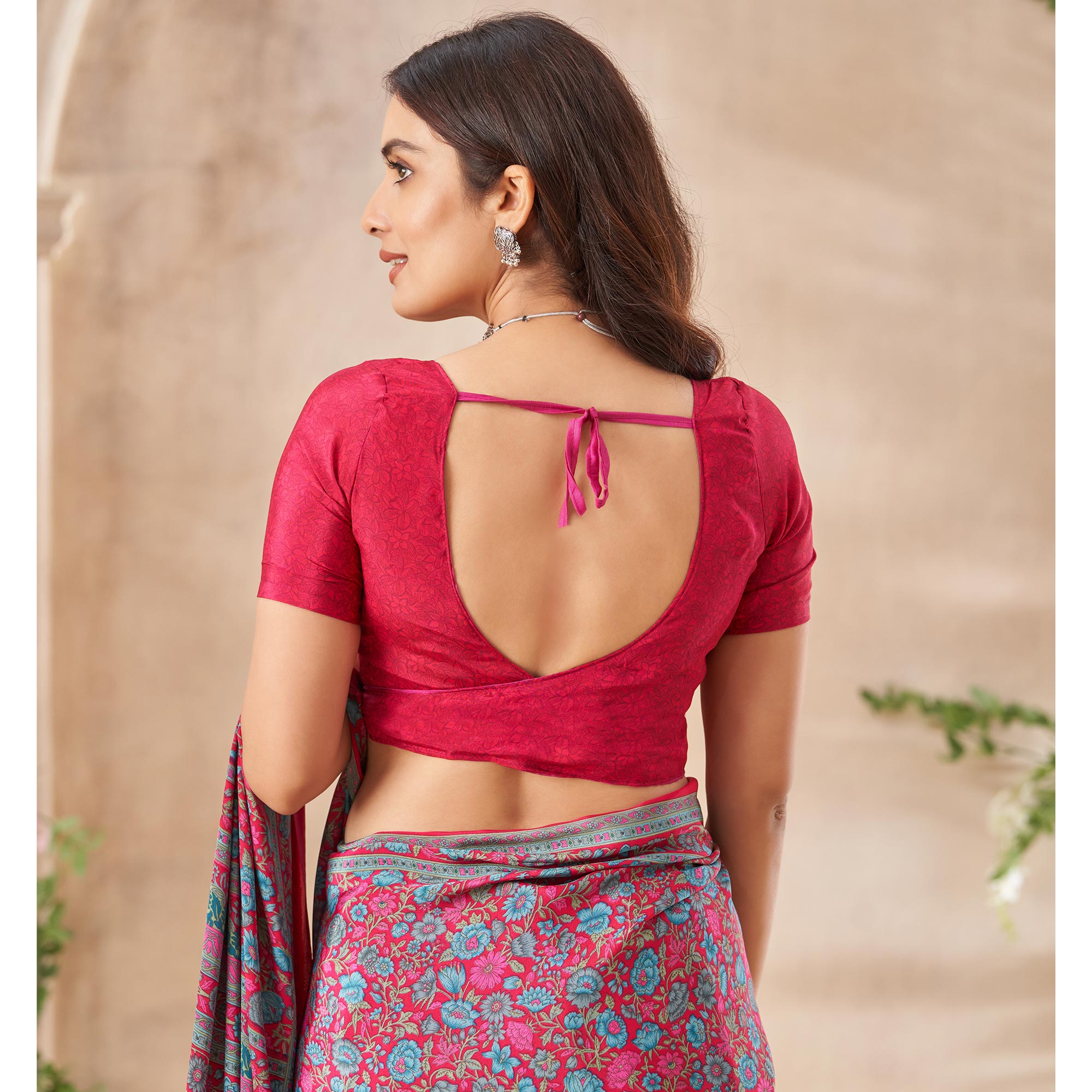 Magenta Floral Printed Crepe Saree