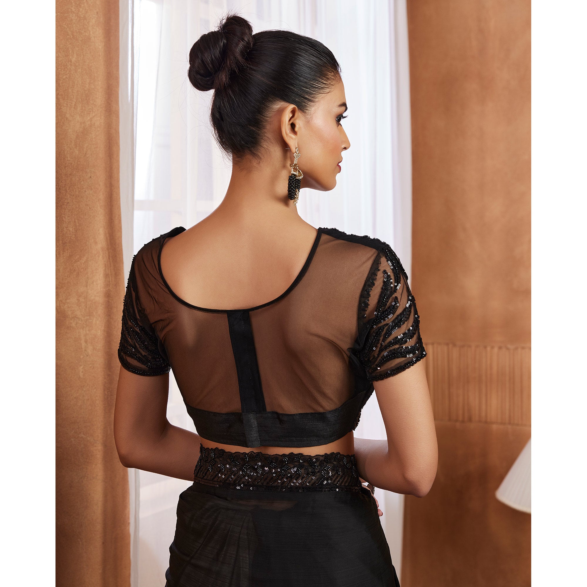 Black Sequins Embroidered Chiffon Silk Saree
