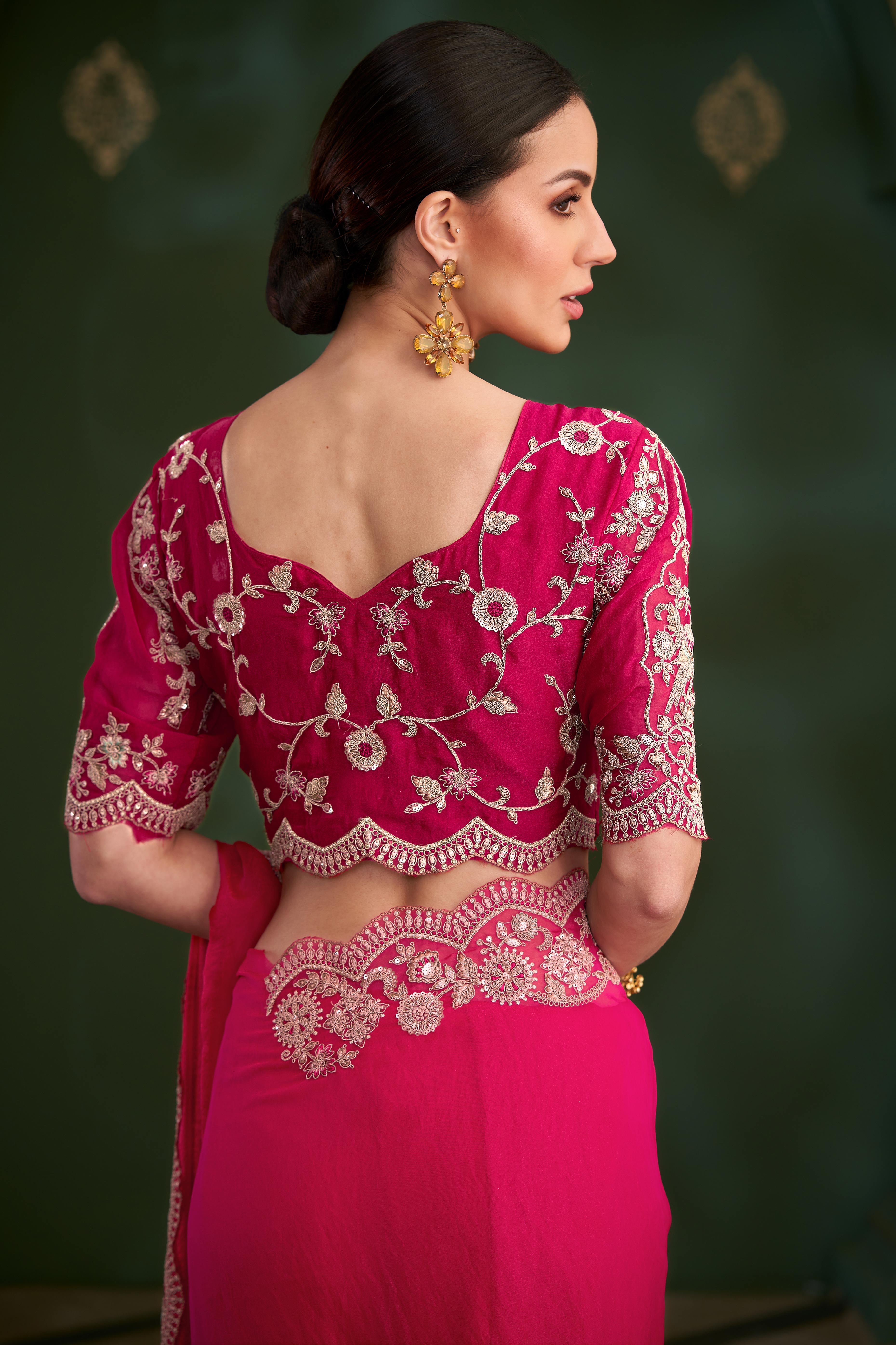 Elegant Pink Georgette Saree Adorned With Floral Cording Sequins Embroidery & Cutwork Border