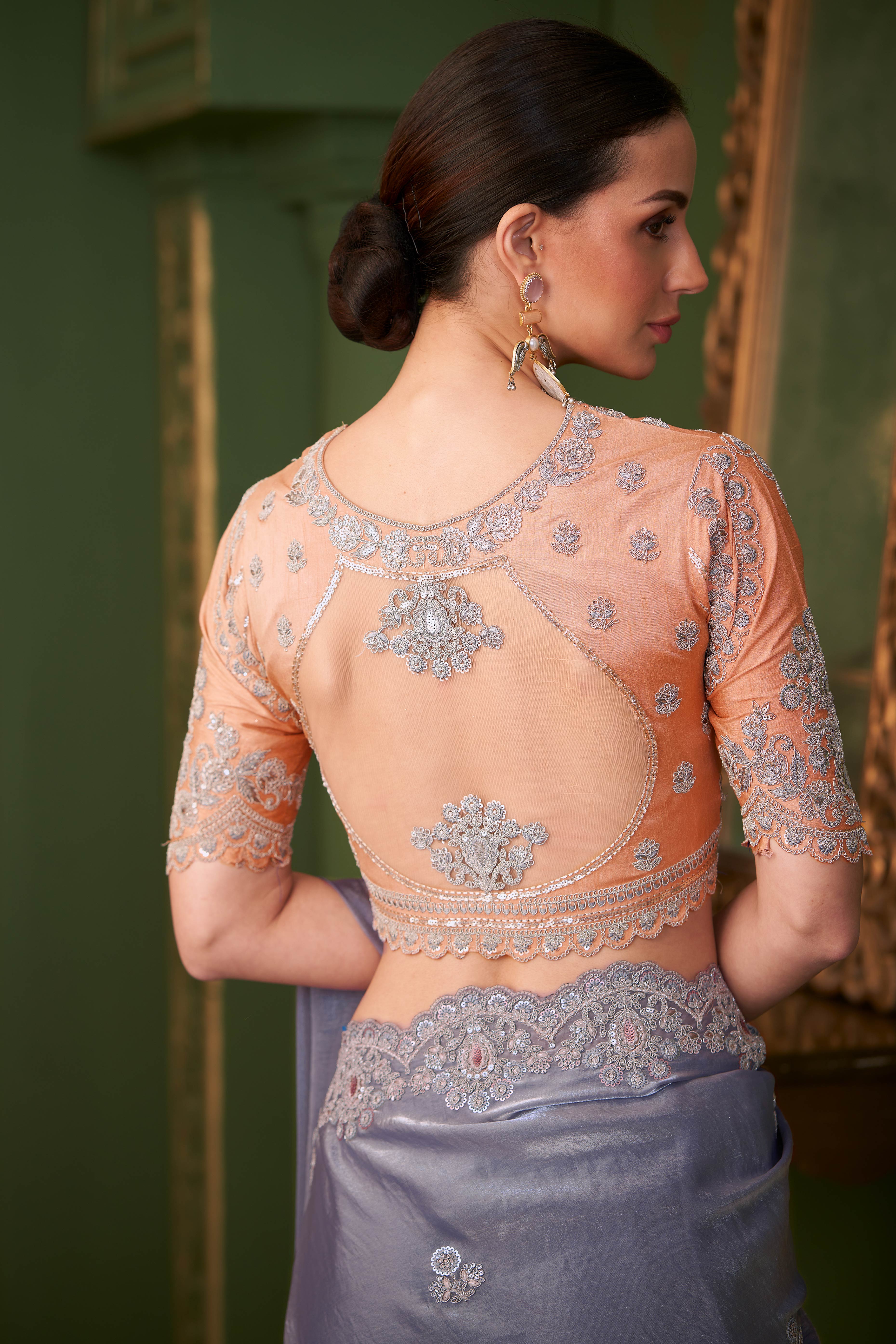 Stunning Bluish Grey Georgette Saree Adorned With Floral Cording Sequin Embroidery & Cutwork Border