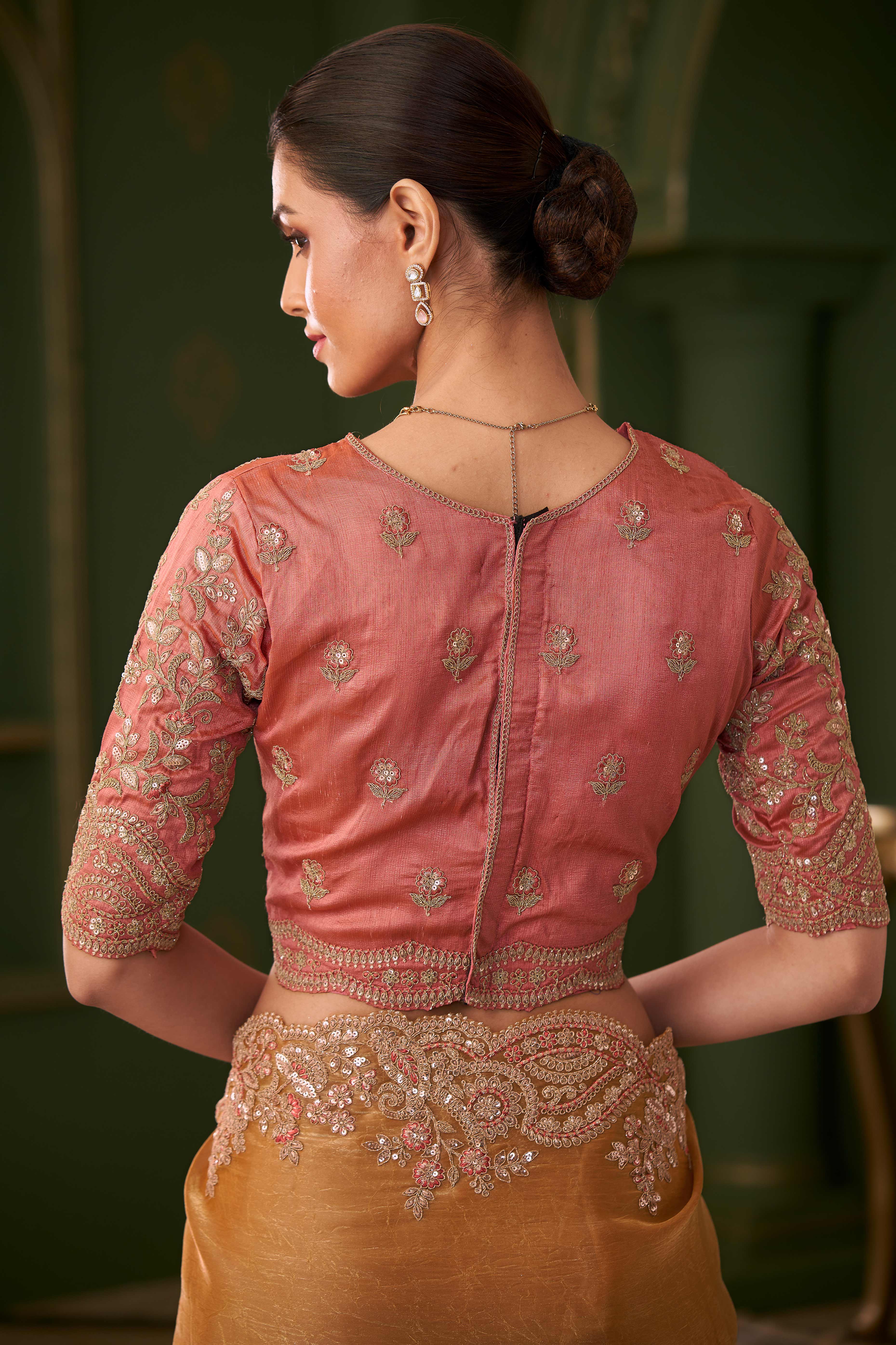 Designer Gold Georgette Saree Adorned With Floral Cording Sequins Embroidery & Cutwork Border