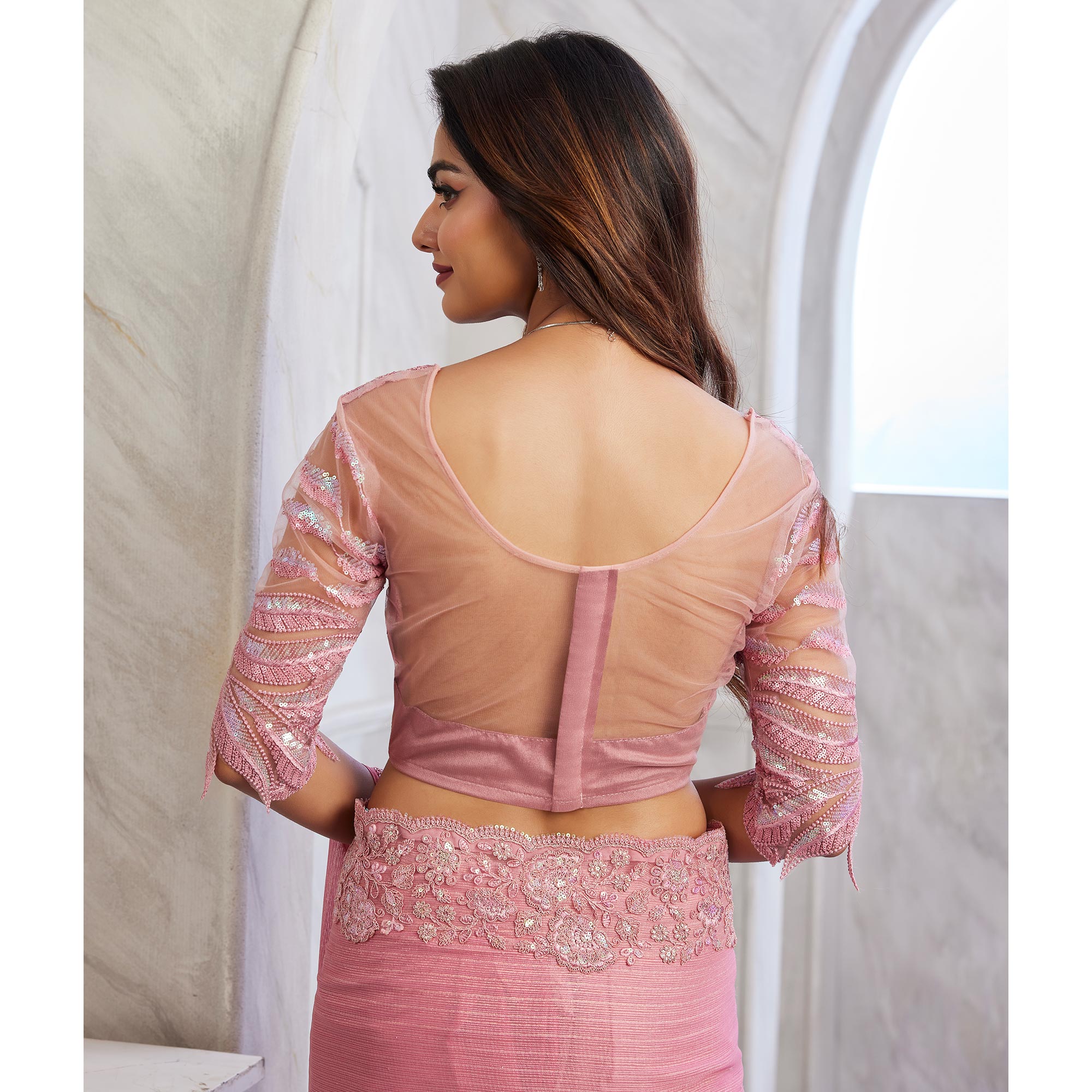 Dusty Pink Floral Sequins Embroidered Georgette Saree