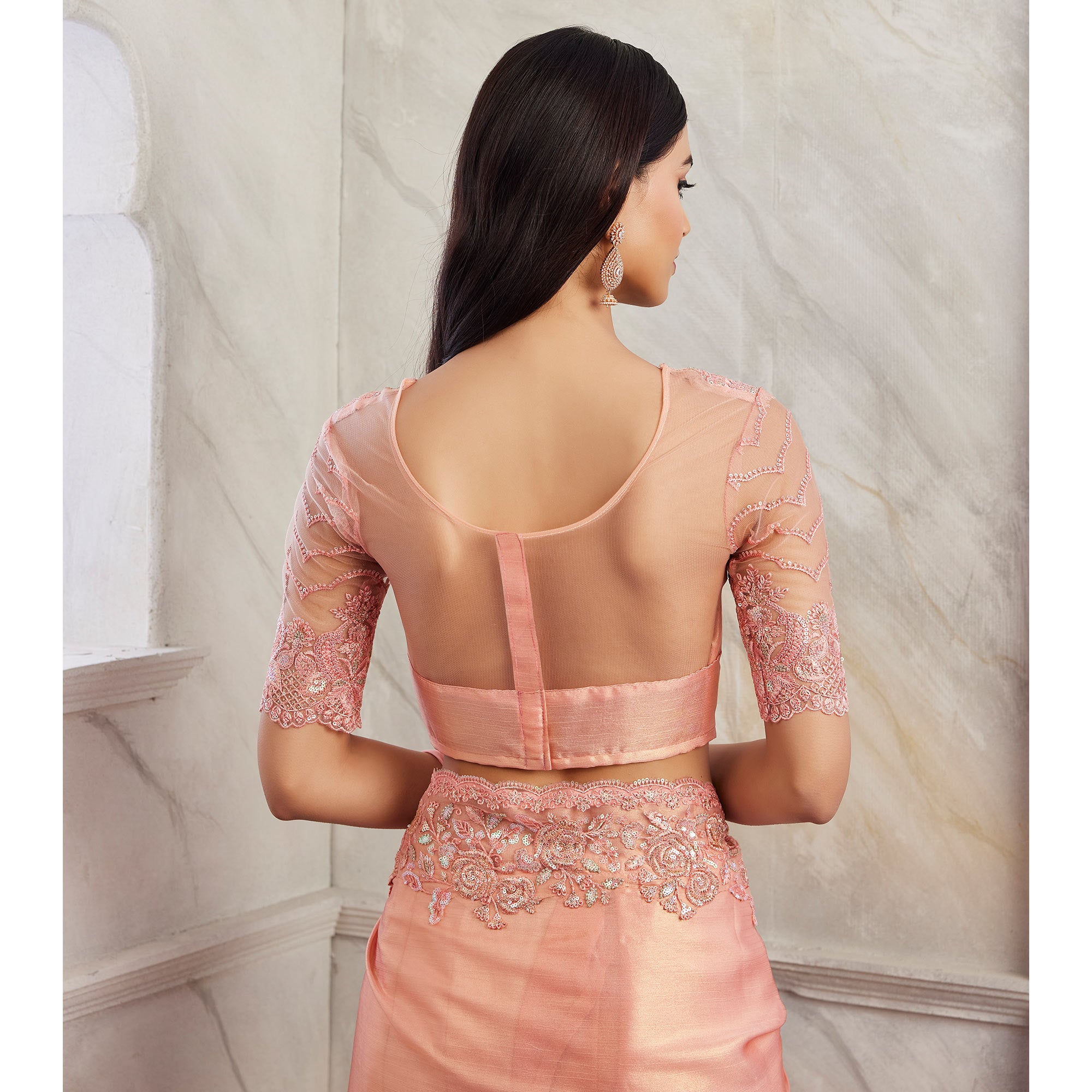 Peach Floral Sequins Embroidered Chiffon Saree