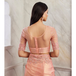 Peach Floral Sequins Embroidered Chiffon Saree