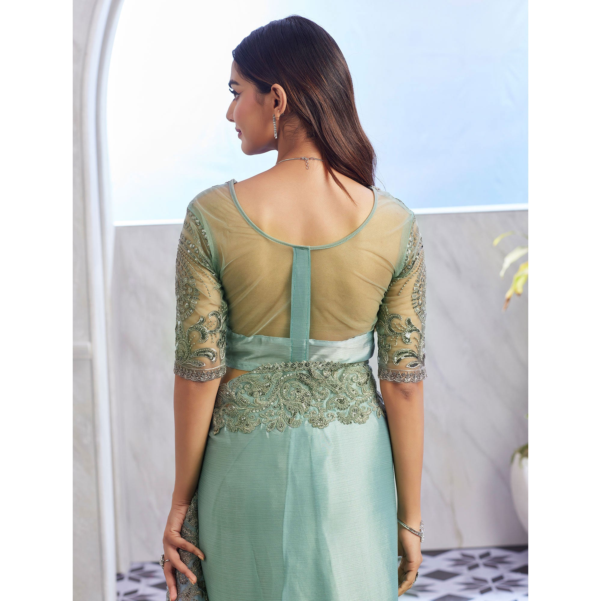 Sea Green Floral Sequins Embroidered Chiffon Saree