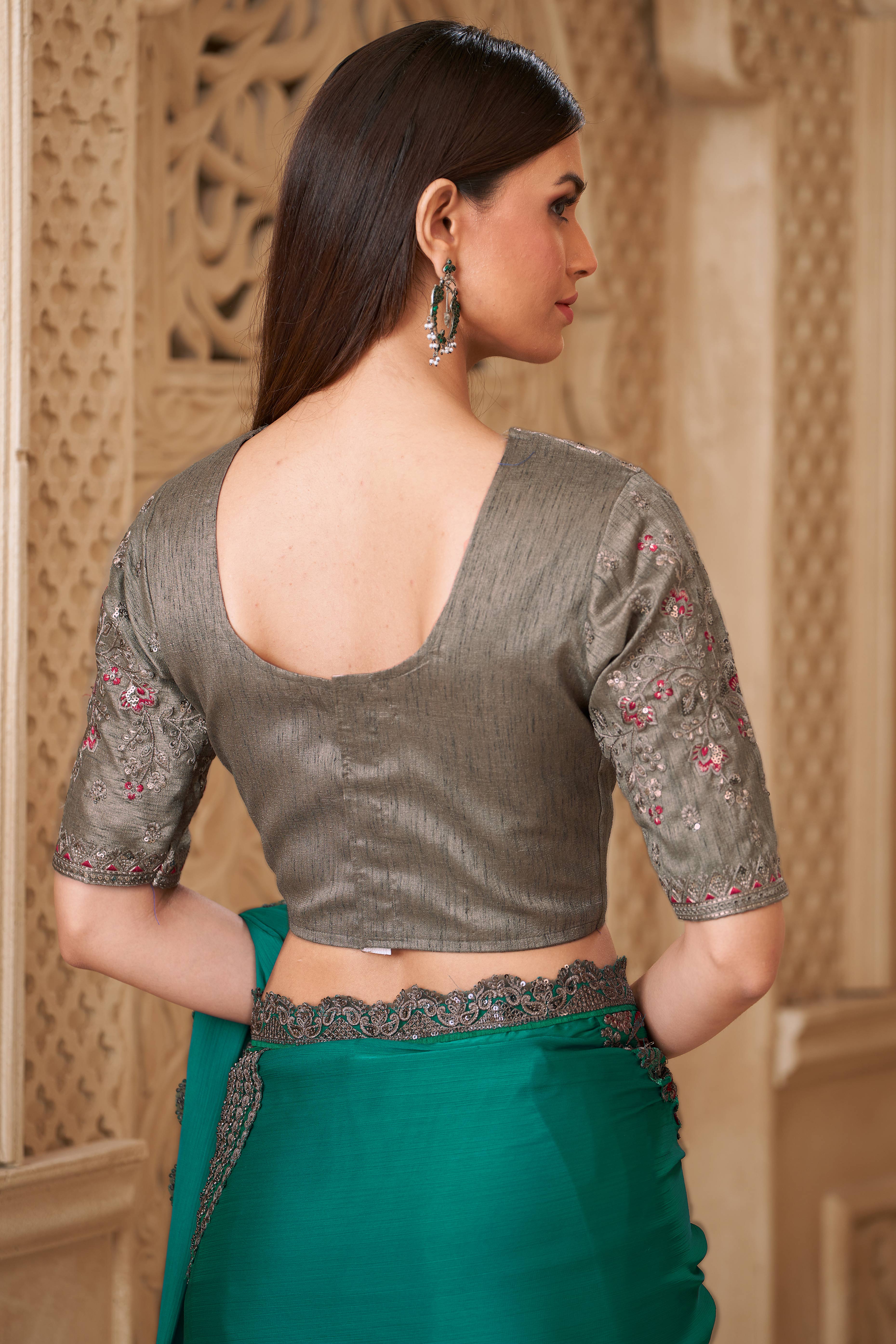 Designer Rama Green Thread Embroidered Satin Saree with Sequin Highlights