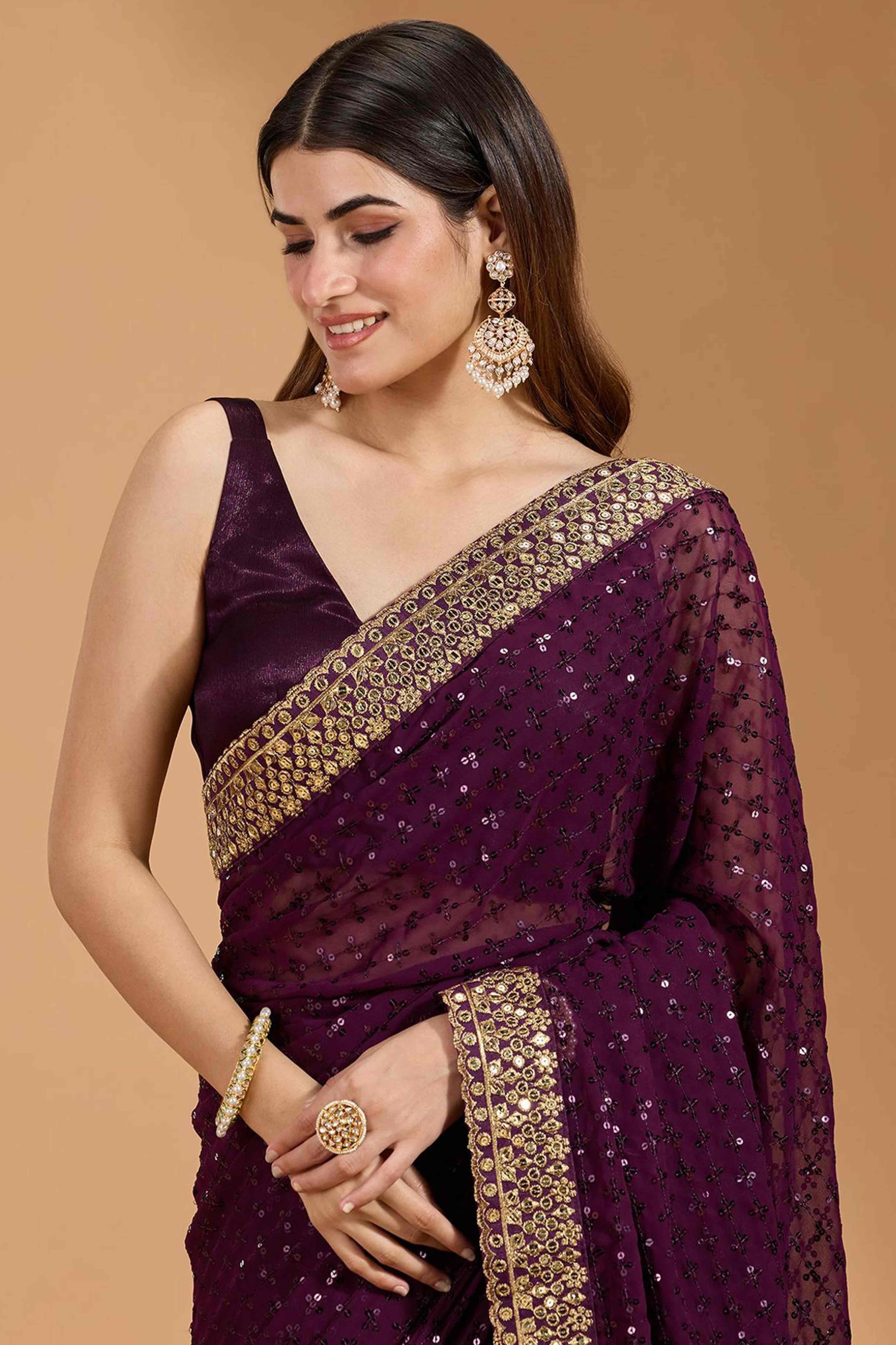 Wine Georgette Saree Accentuated with Elegant Sequin Embellishments