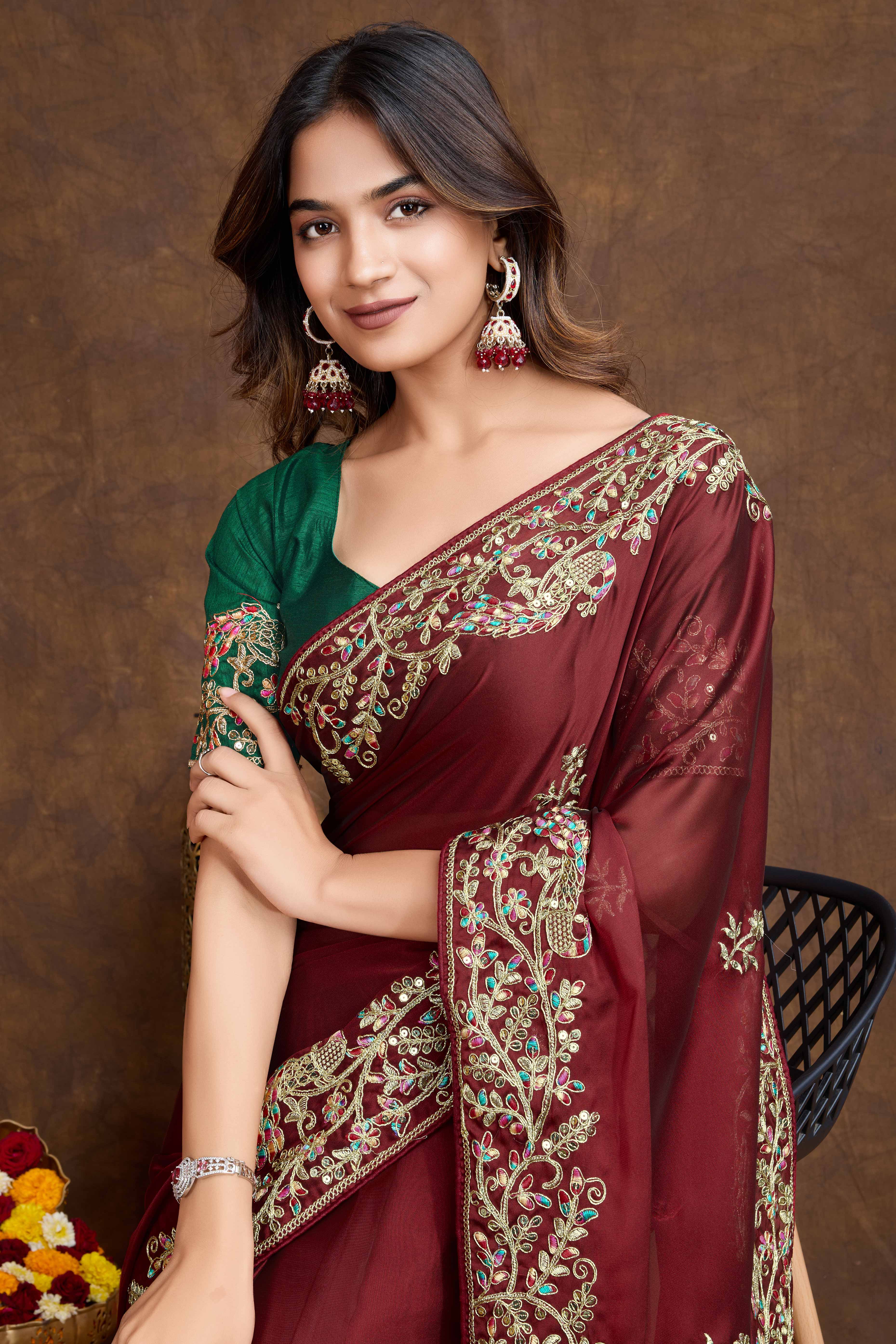 Designer Rich Maroon Silk Blend Saree with Heavy Golden Thread Embroidery