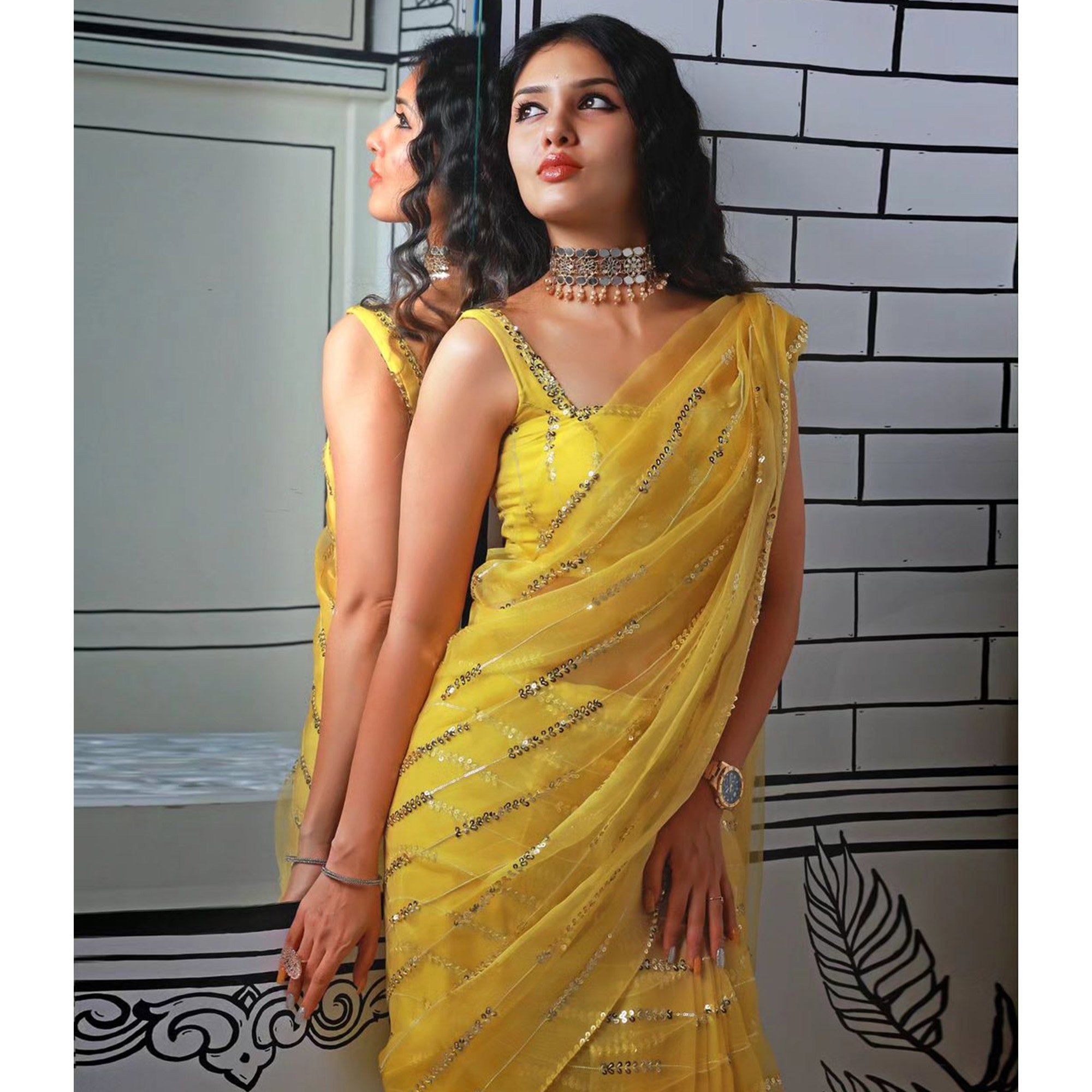 Yellow Sequins Embroidered Georgette Saree
