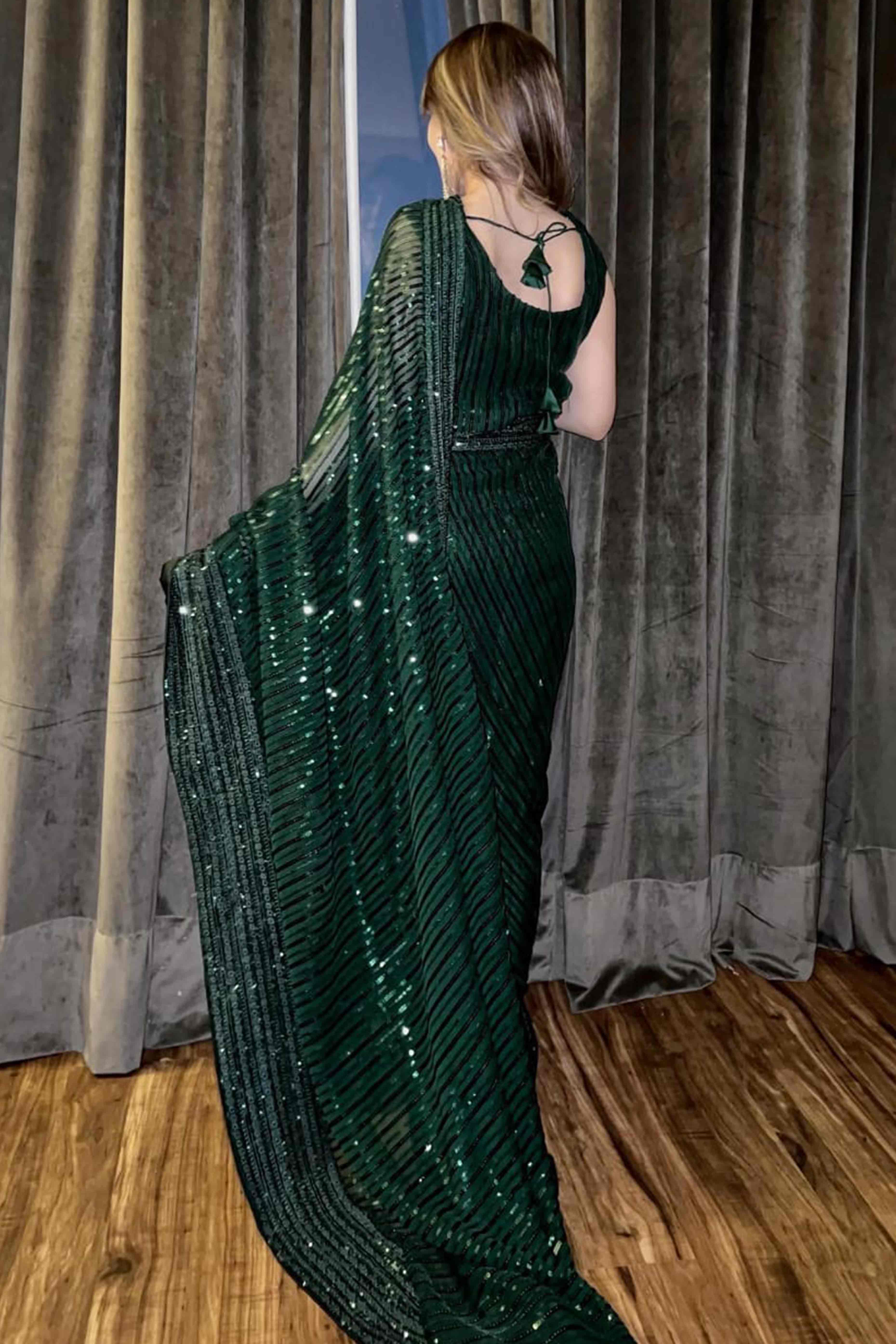 Charming Green Partywear Saree in Georgette with Stylish Sequin Embellishments