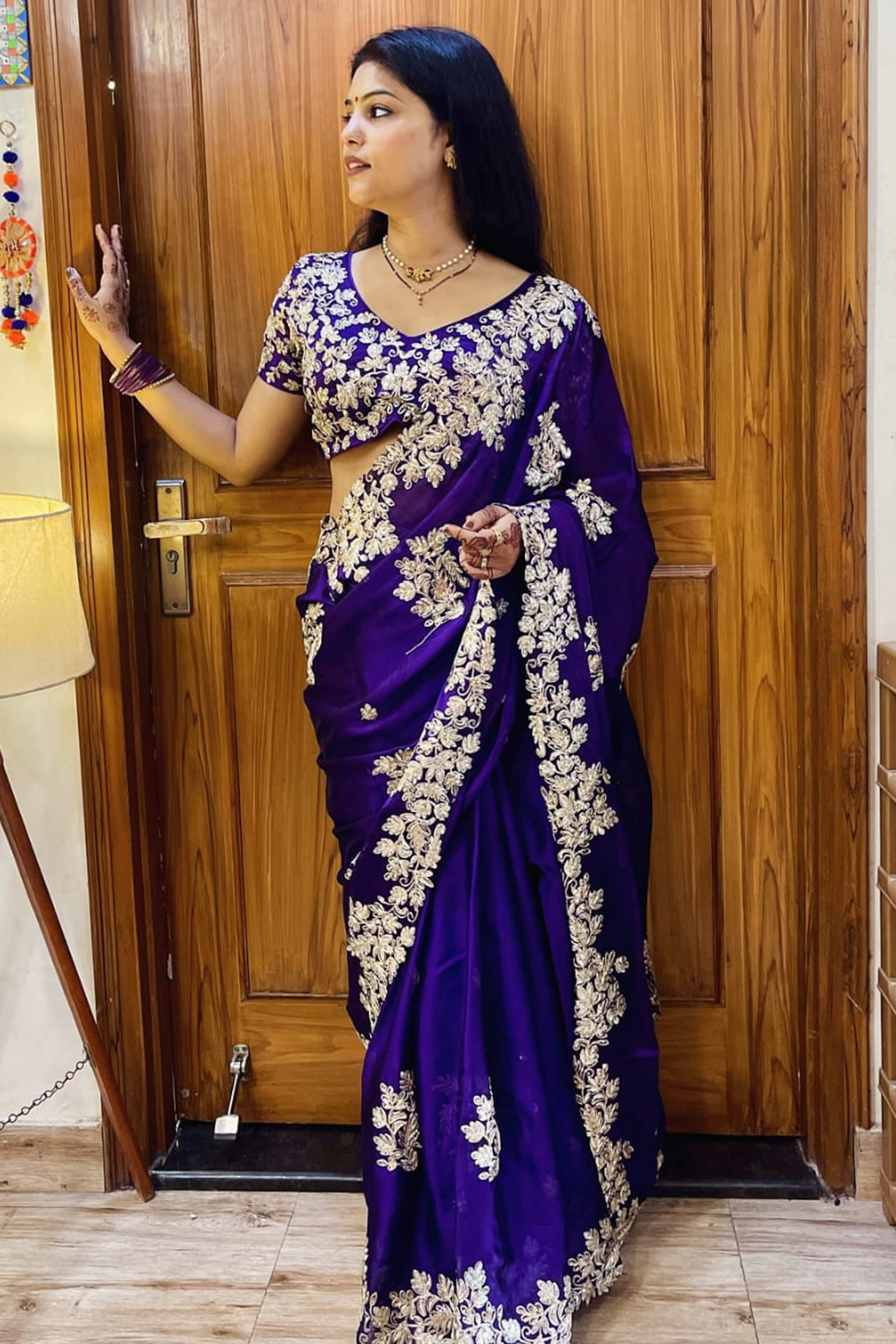 Graceful Violet Silk Blend Saree with Butta Motifs and Exquisite Coding Embroidery
