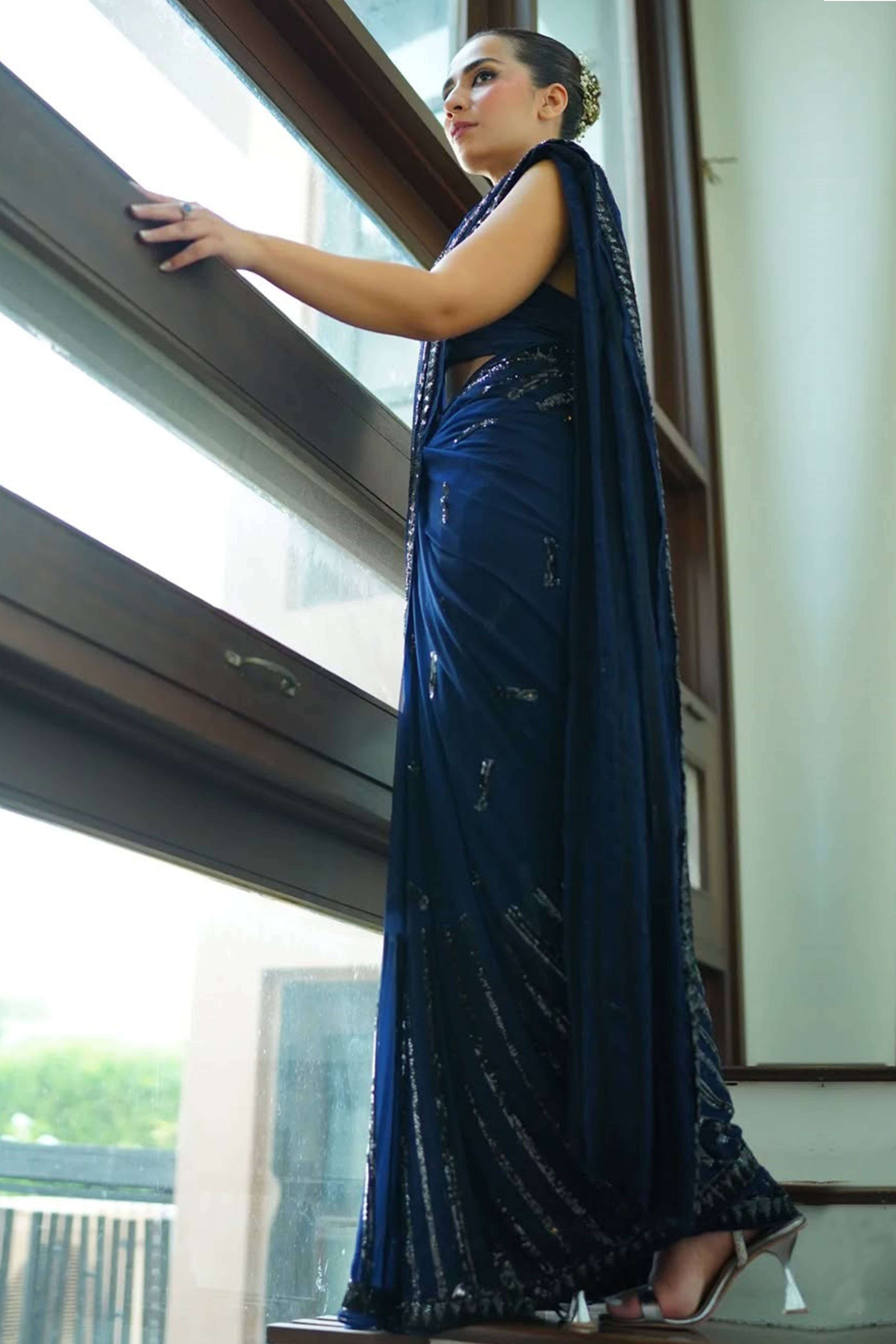 Blue Sequined Saree with Striped Design in Soft Georgette for Effortless Evening Elegance