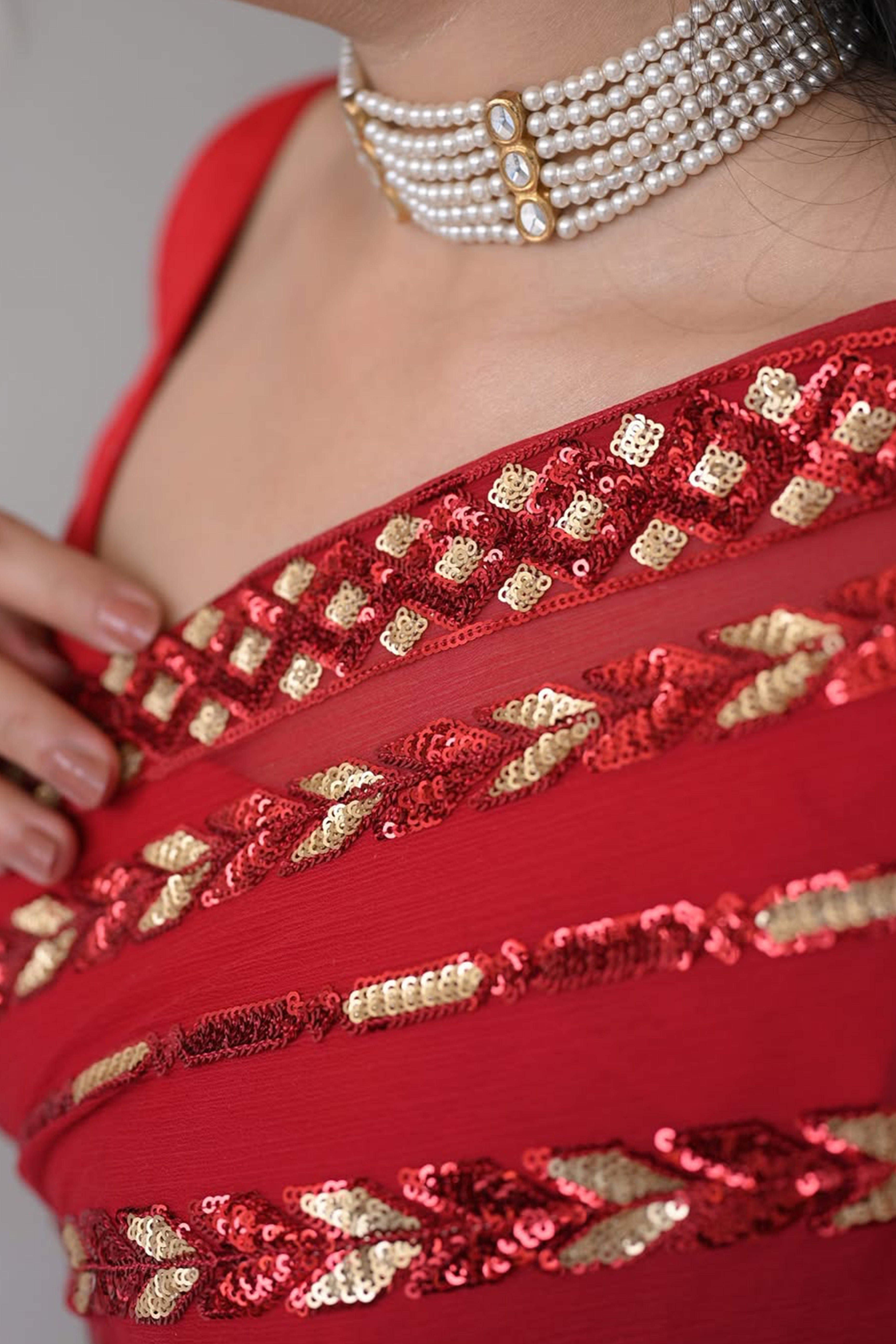 Stylish Red Striped Georgette Saree Featuring All-Over Sequin Embroidery