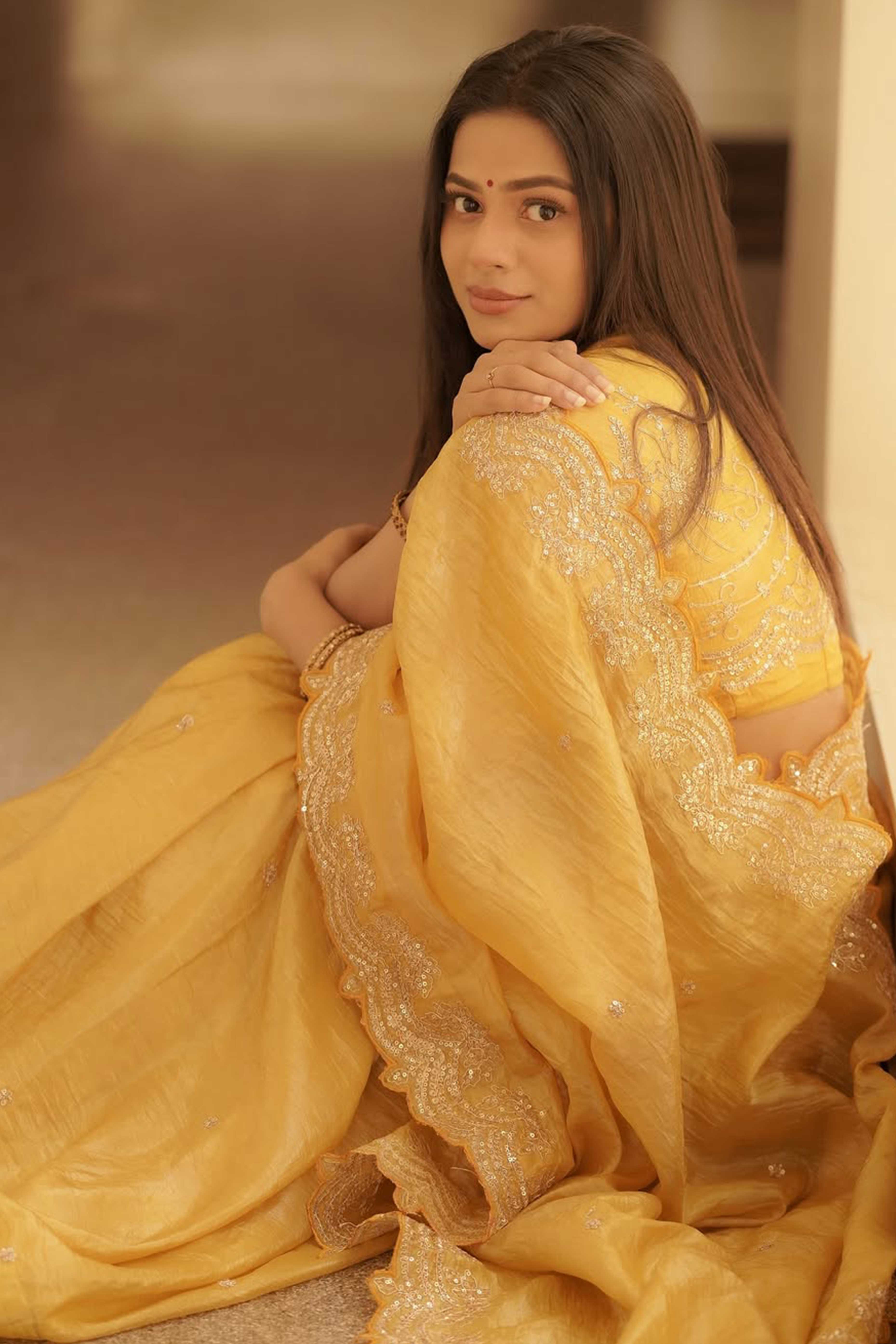 Golden Silk Blend Saree Accented with Sparkling Sequin Embellished