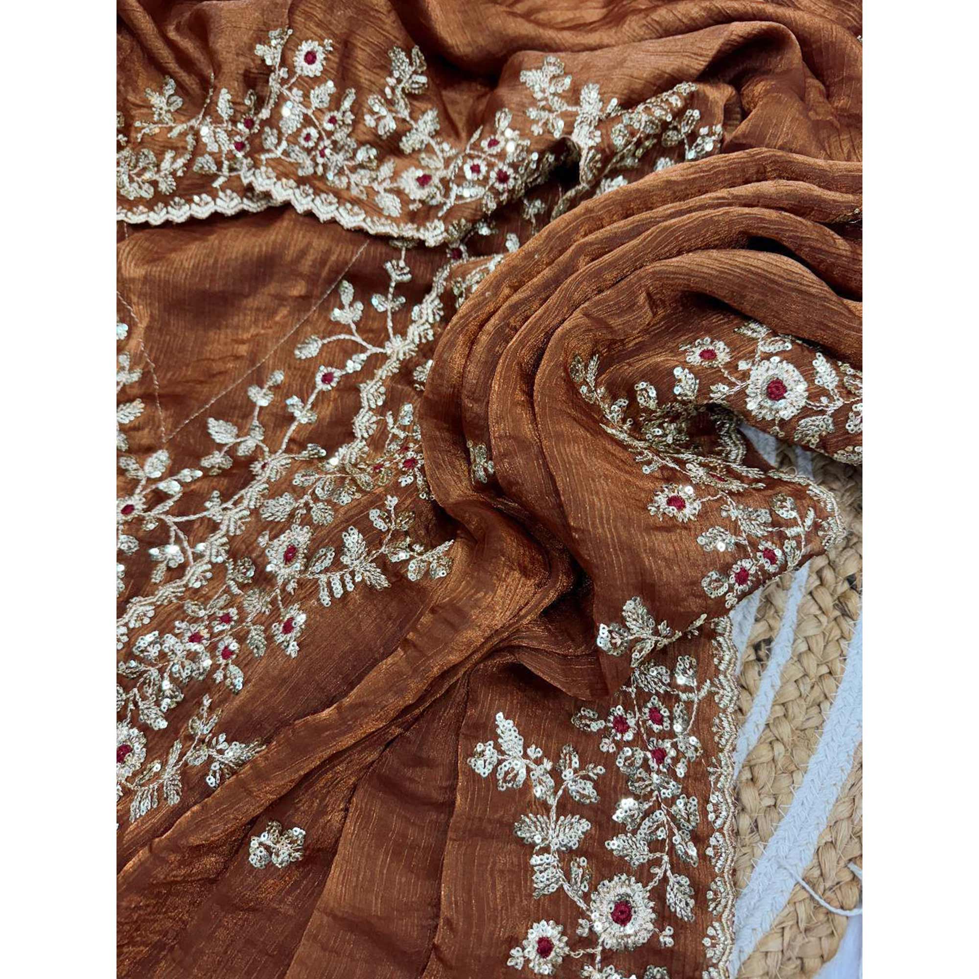 Brown Lightweight Chiffon Saree with Glamorous Sequins Detailing