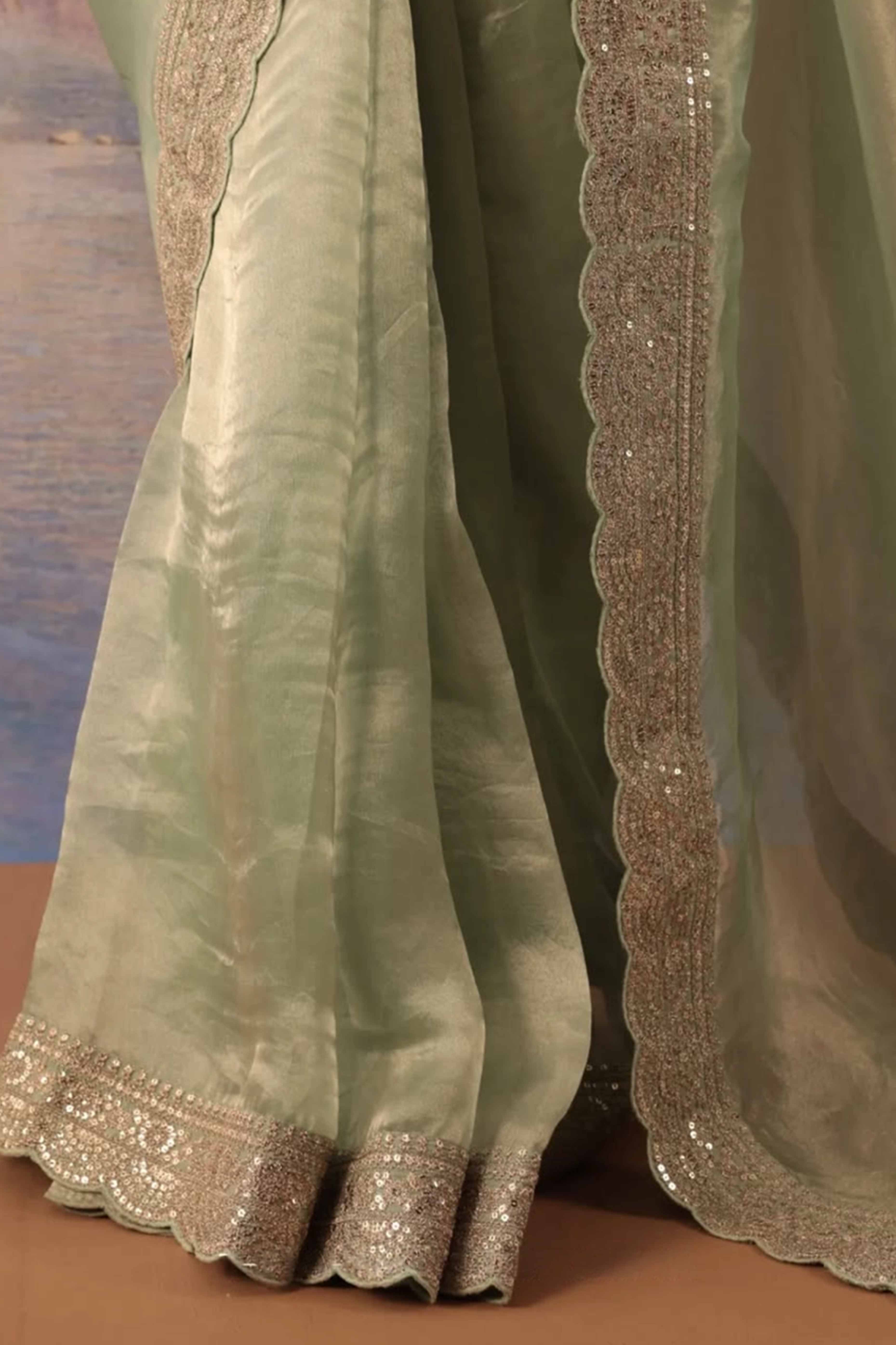 Designer Mint Green Tissue Saree with Sequins Embroidery on Border