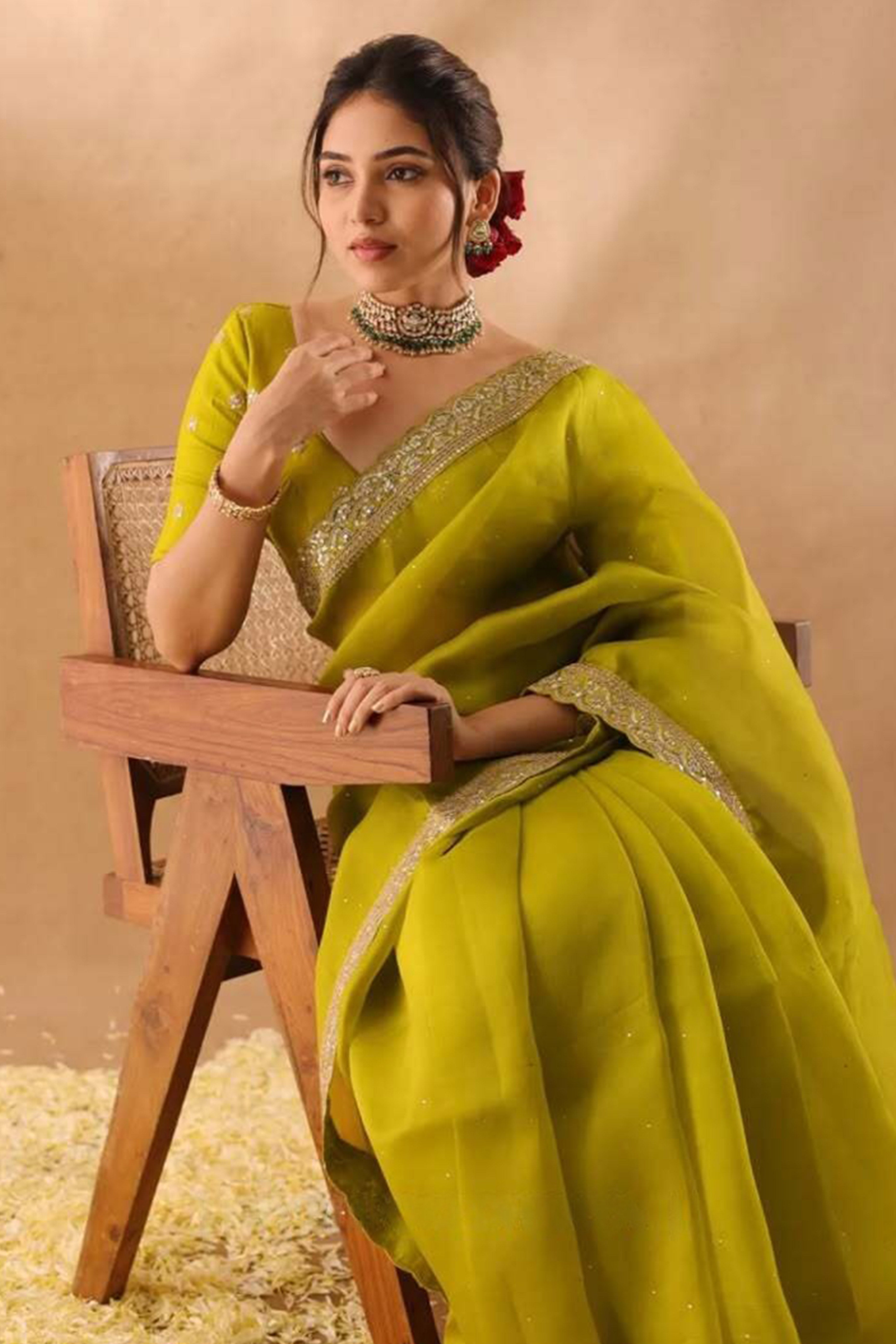 Lime Green Soft Tissue Saree Adorned with Alluring Sequin Detailing for a Luxurious Look