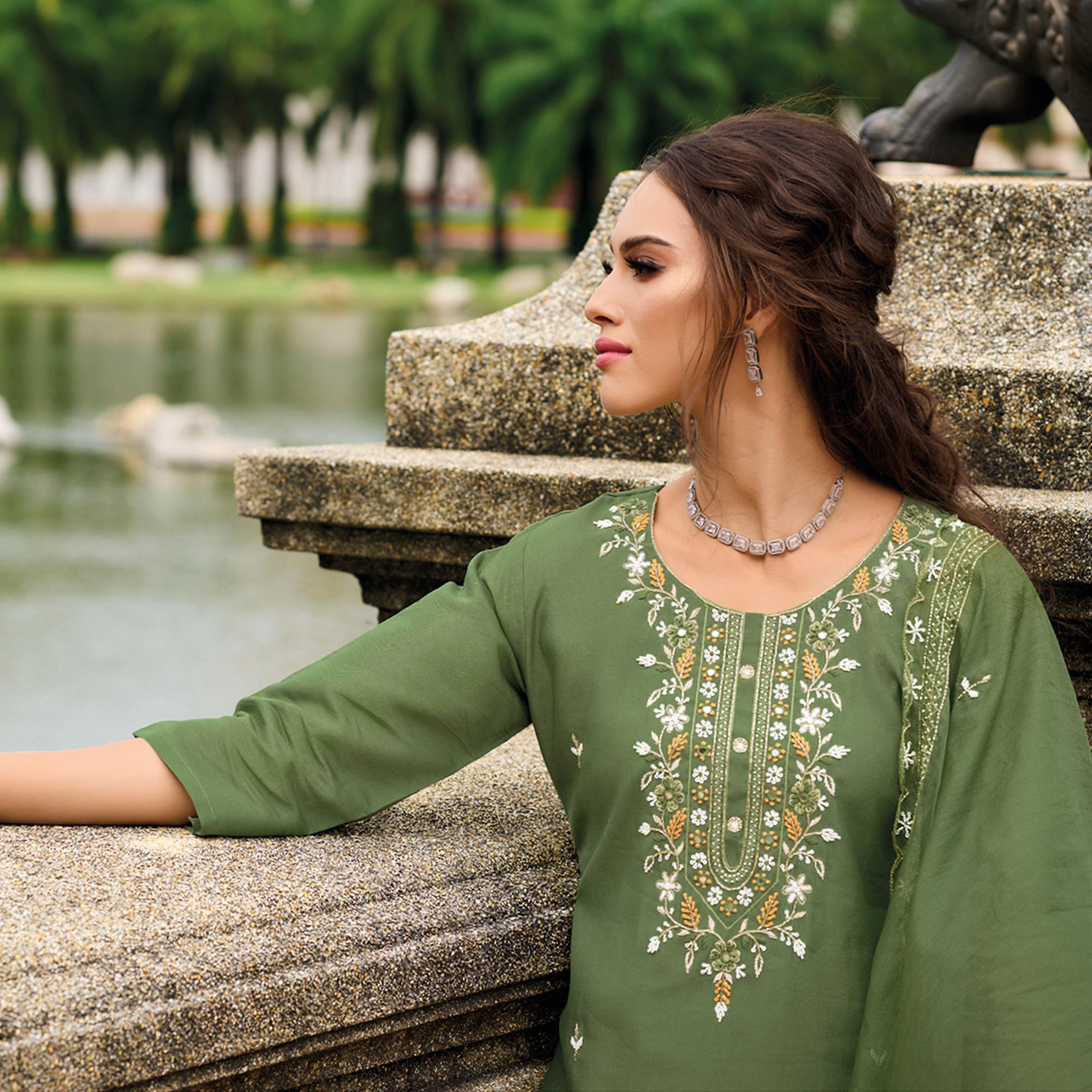 Green Floral Embroidered Cotton Silk Suit