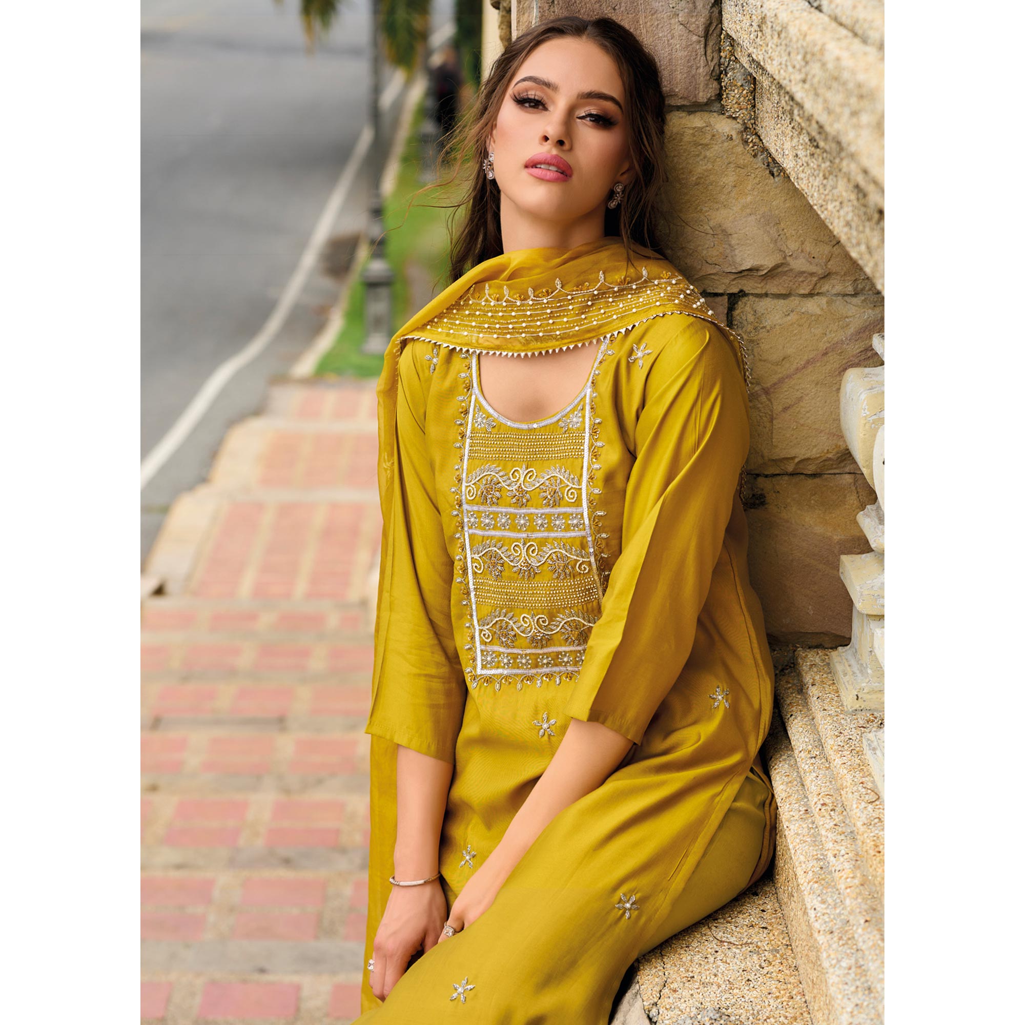 Mustard Floral Embroidered Cotton Silk Suit