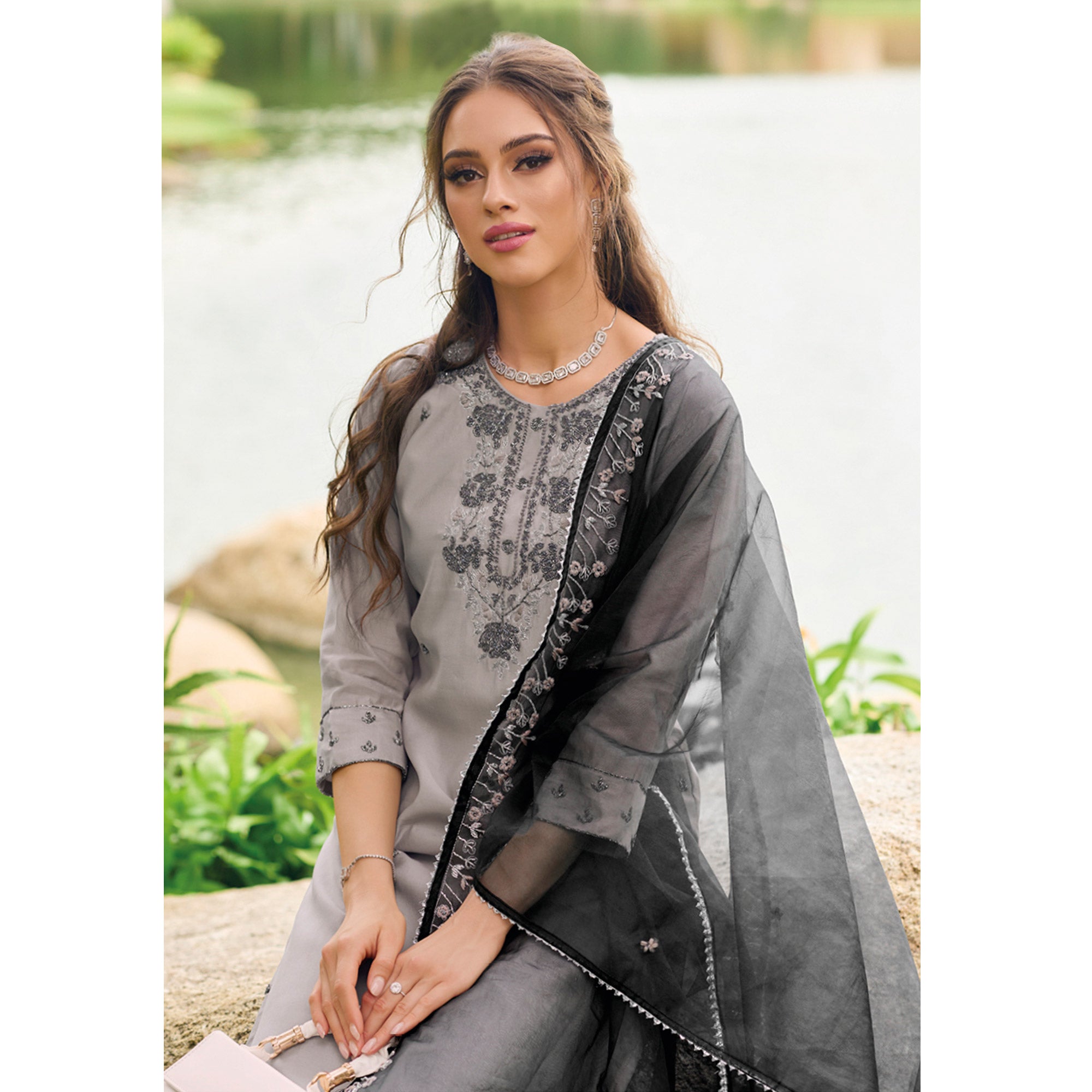 Grey Floral Embroidered Cotton Silk Suit