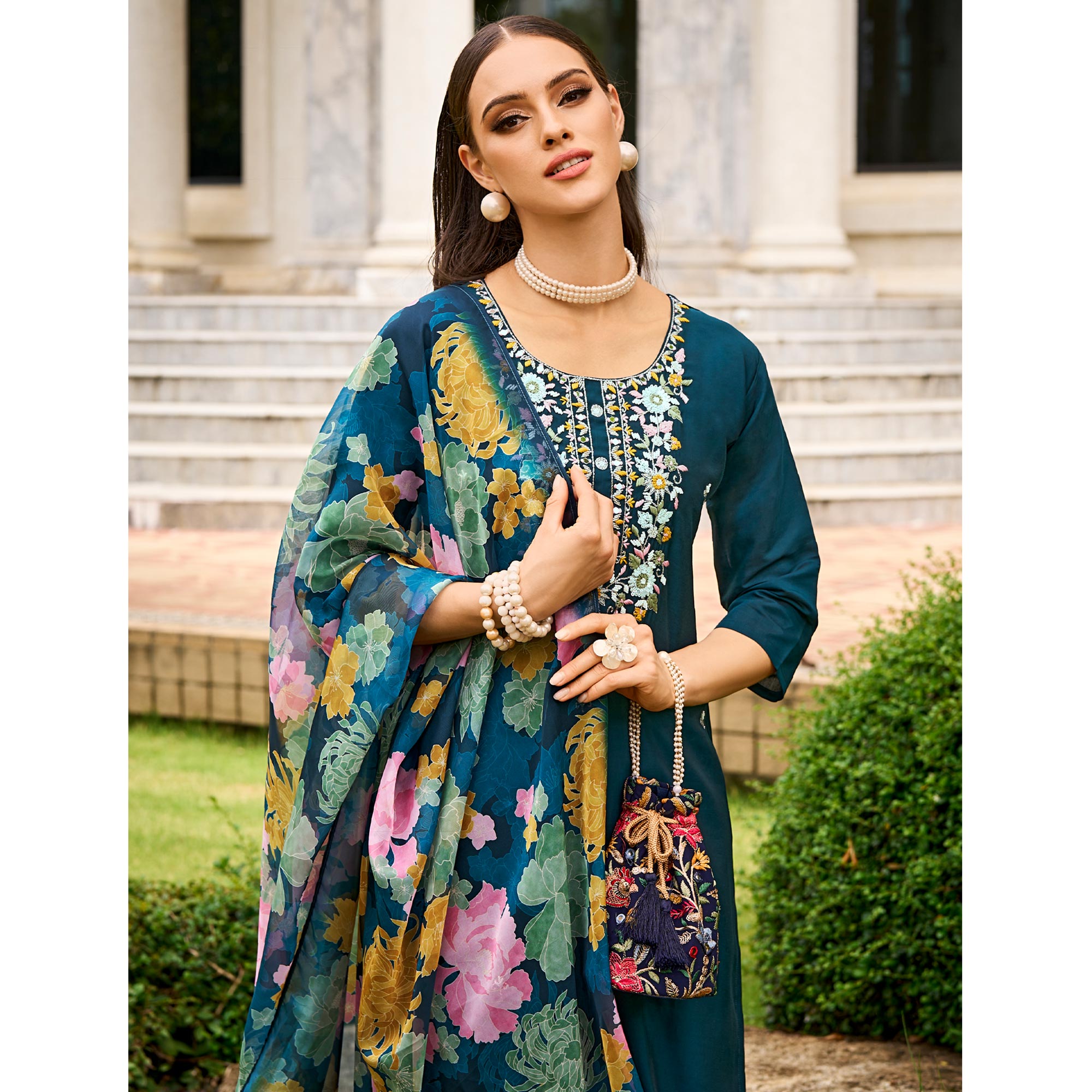Morpich Floral Embroidered Chanderi Silk Suit