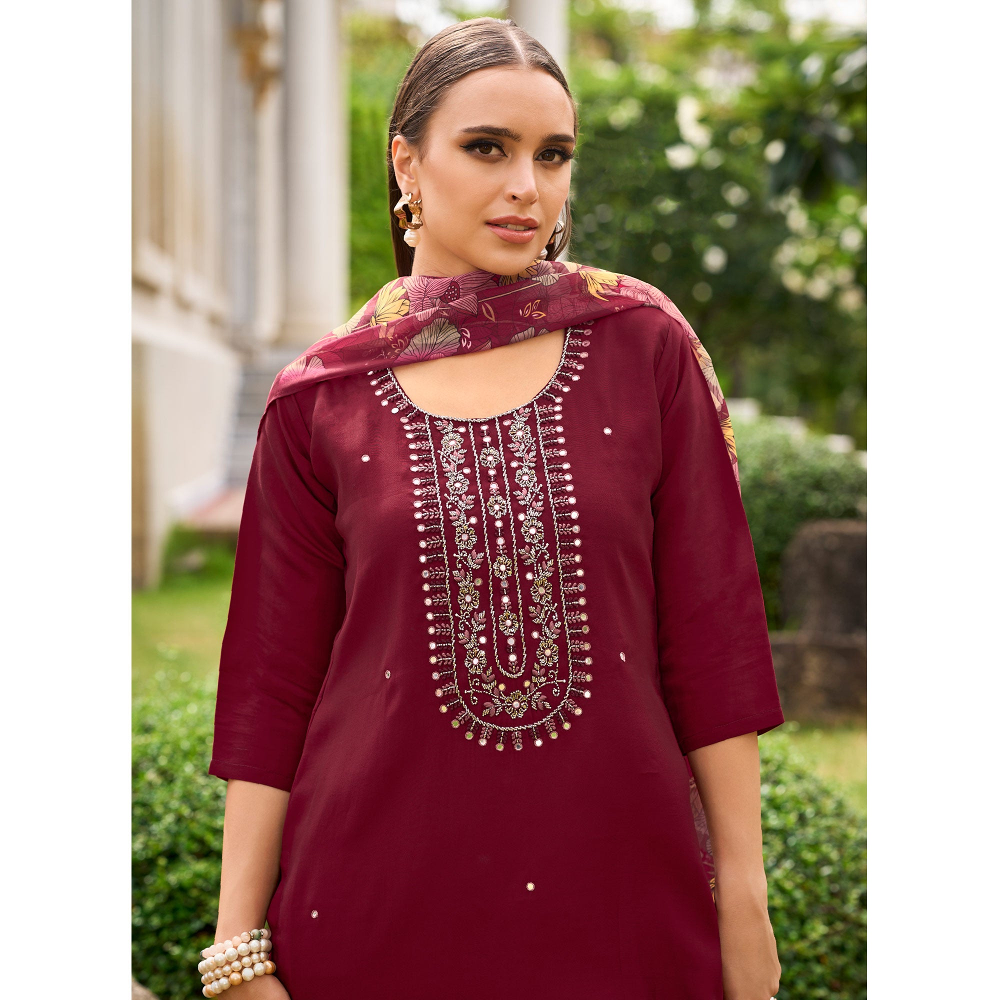 Maroon Floral Embroidered Chanderi Silk Suit