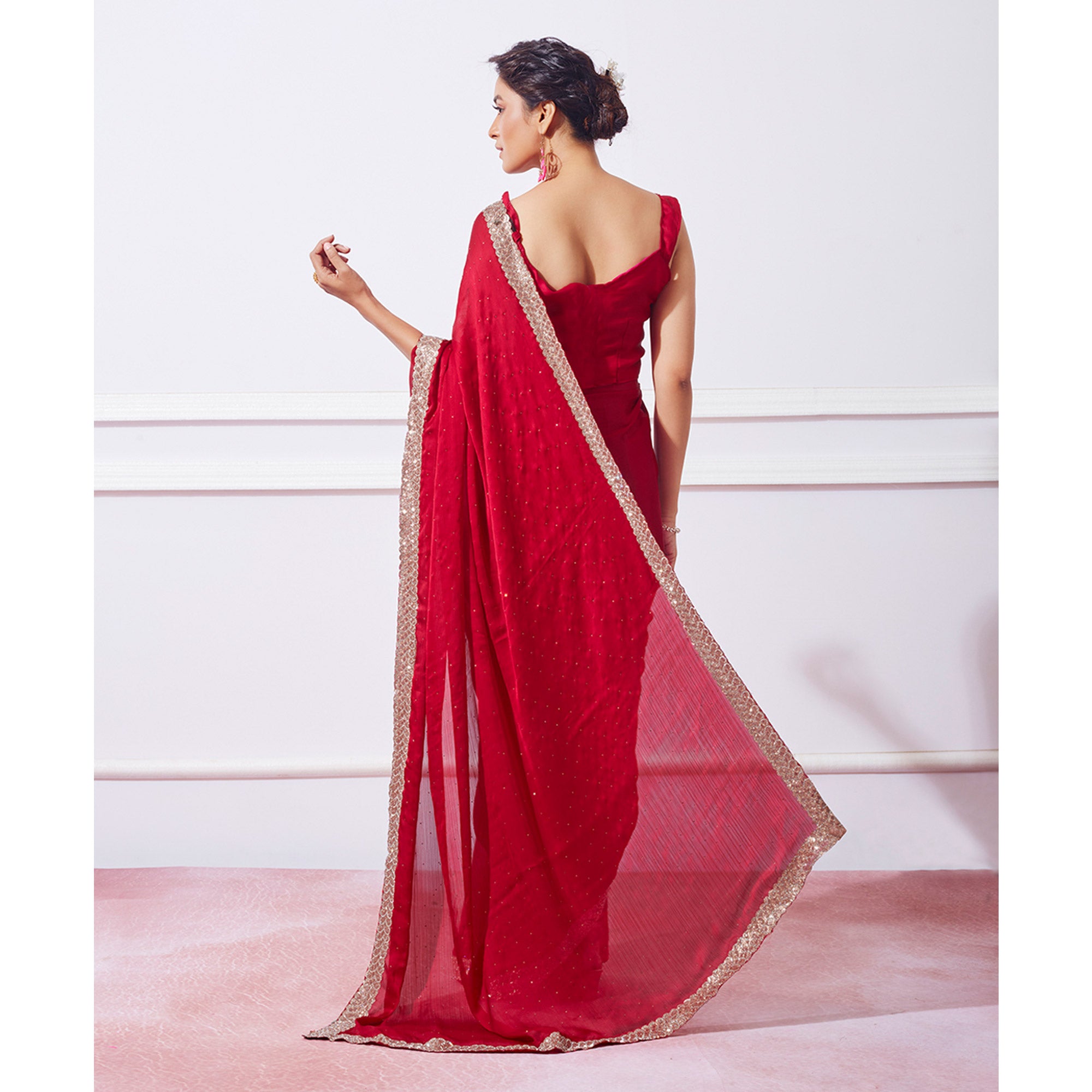 Red Embroidered Swaroski Work Satin Saree