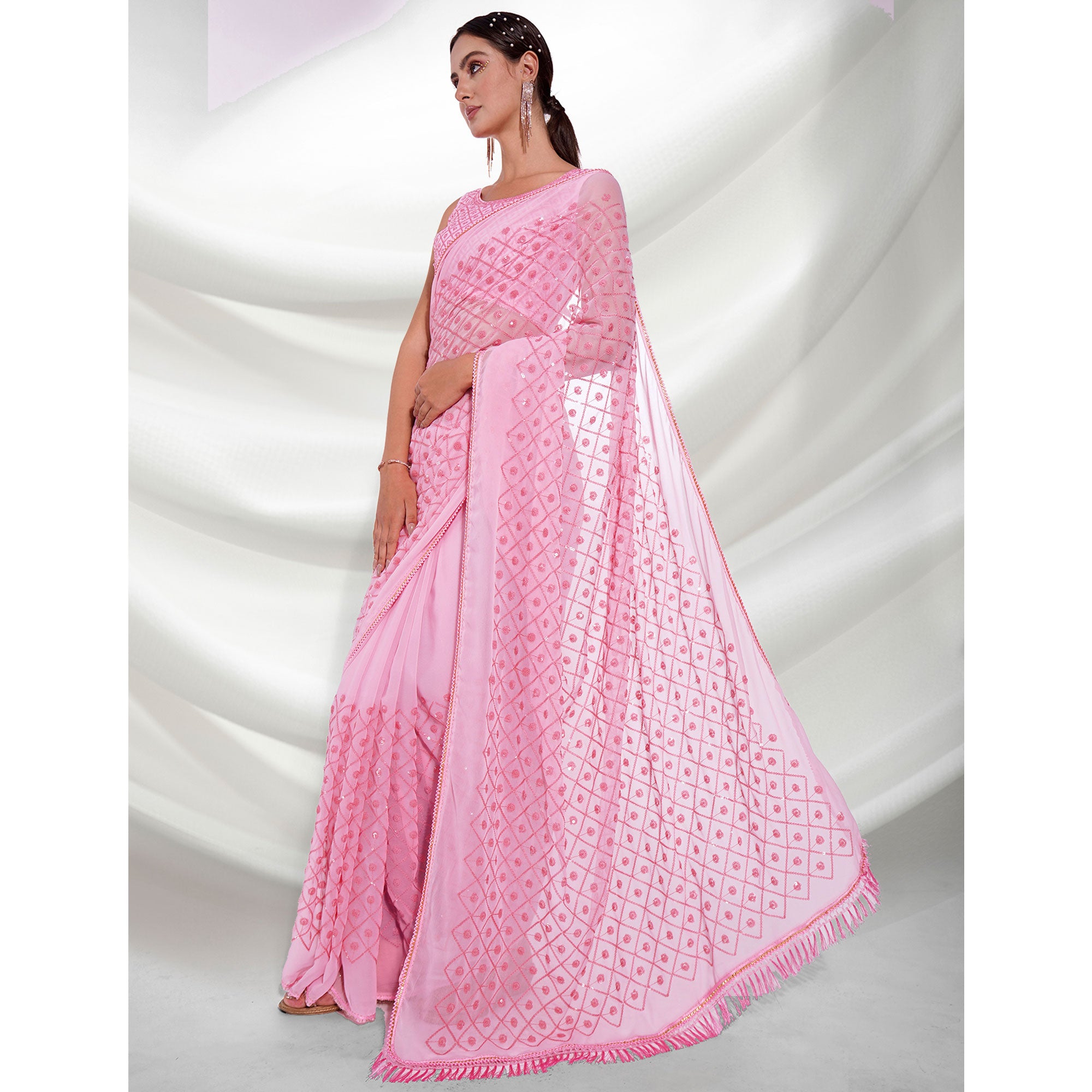 Pink Sequins Embroidered Georgette Saree