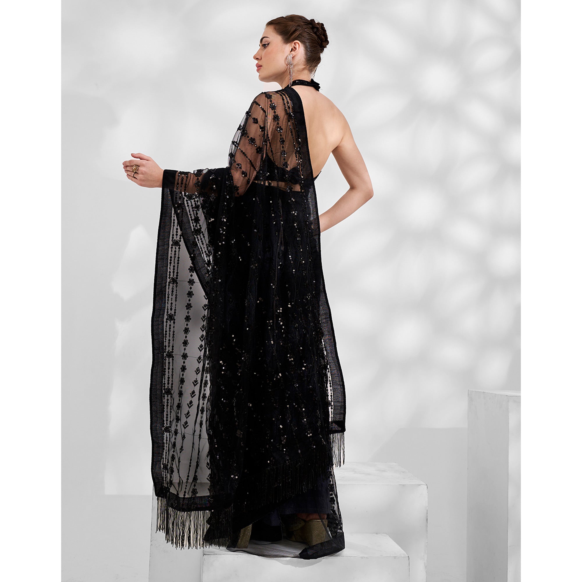 Black Embroiderd Sequinned Net Saree