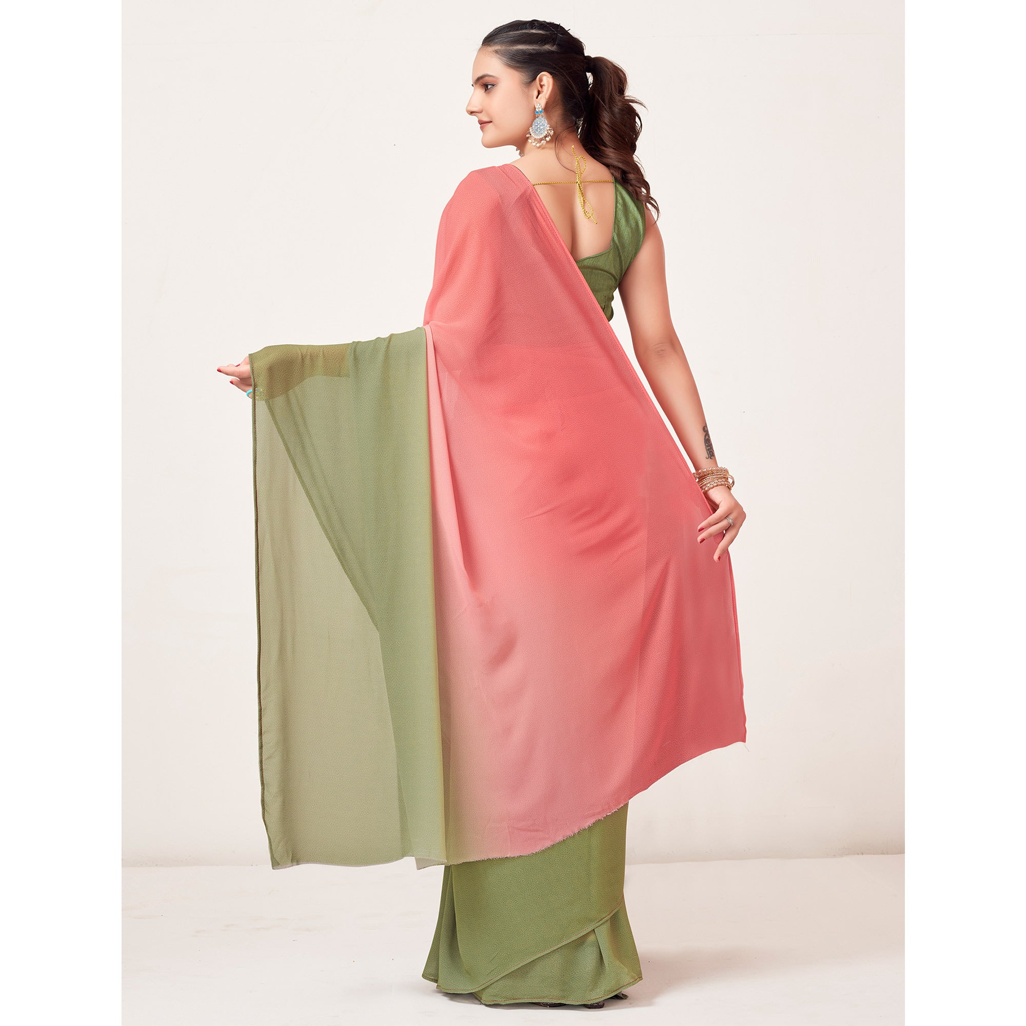 Pink & Olive Green Printed Georgette Saree