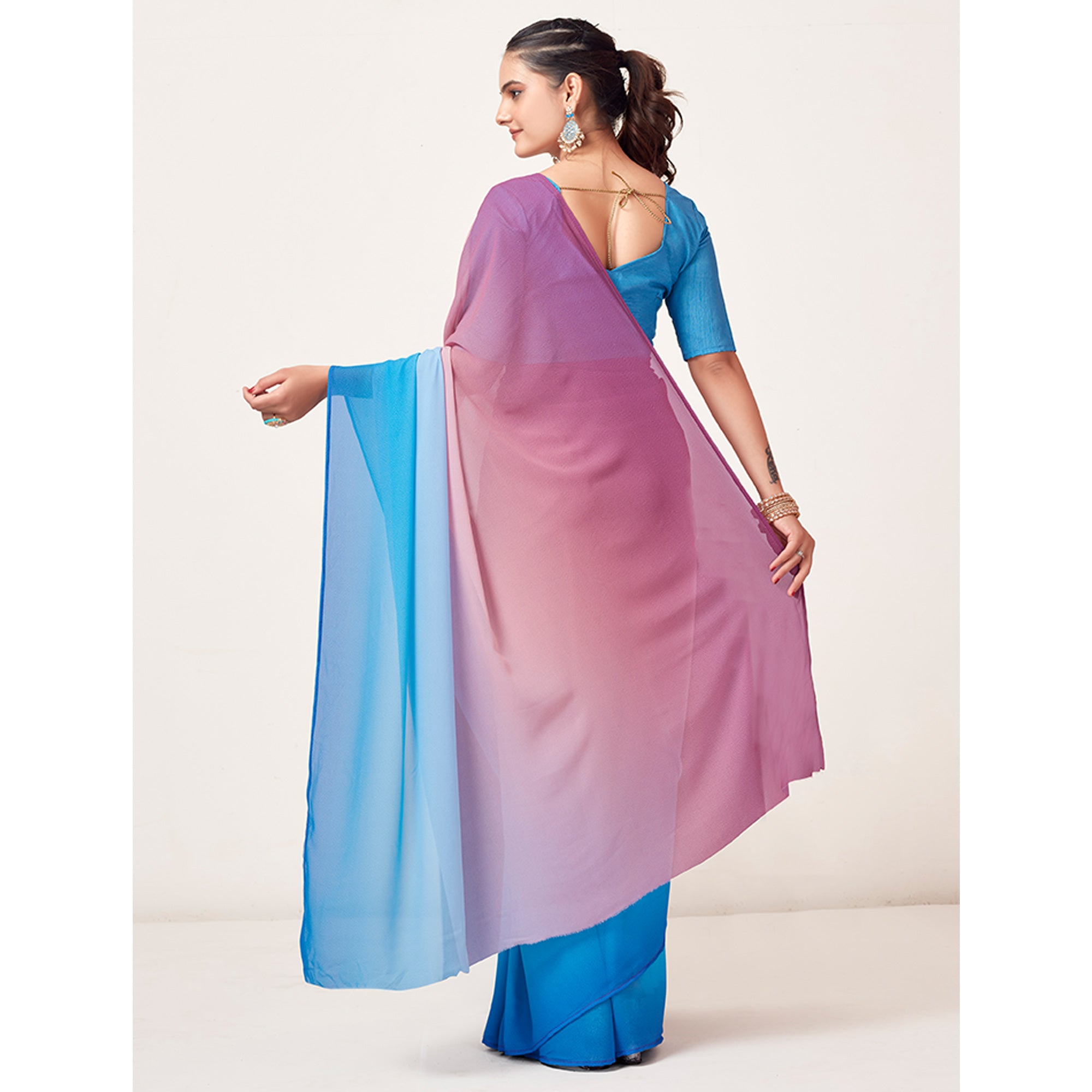 Pink & Blue Printed Georgette Saree