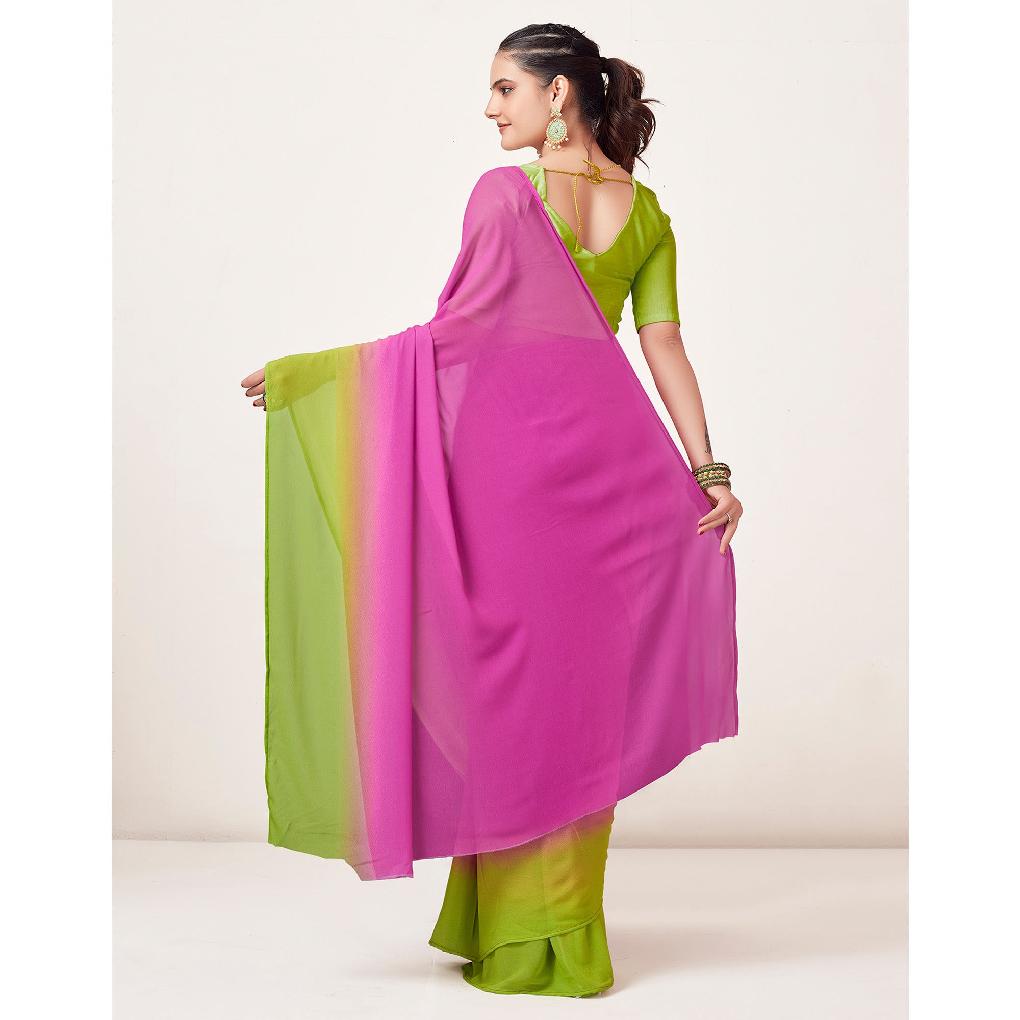 Pink & Neon Green Printed Georgette Saree