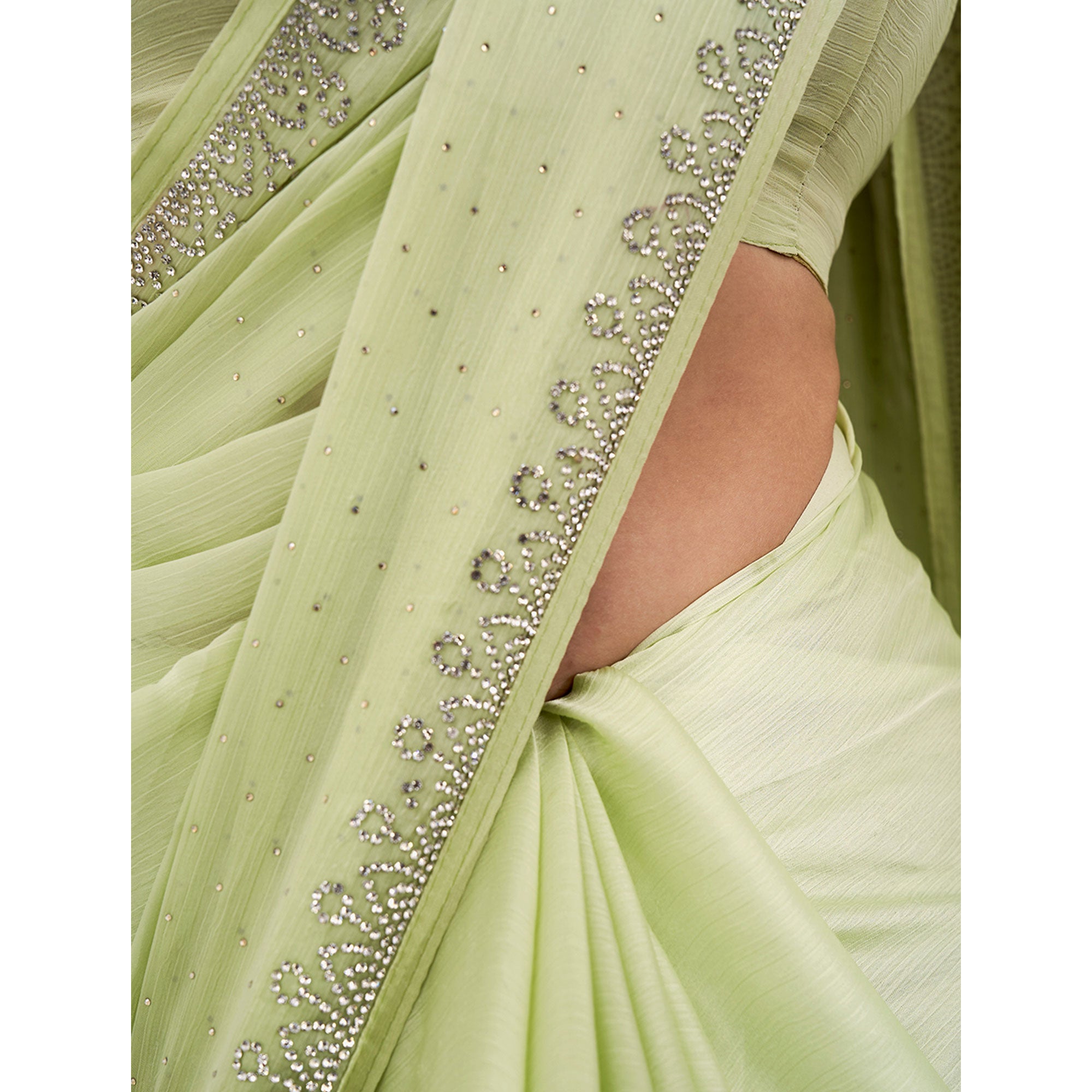 Green Embroidered Beads & Stones Satin Saree