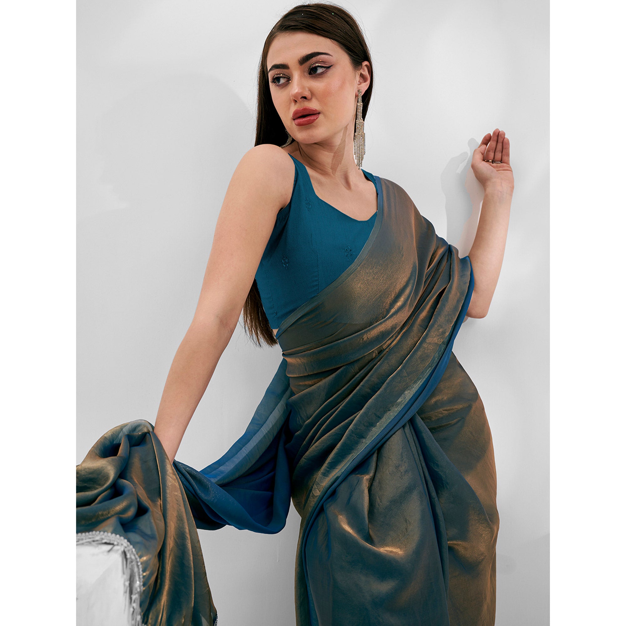 Blue Solid Organza Saree With Tassels Border