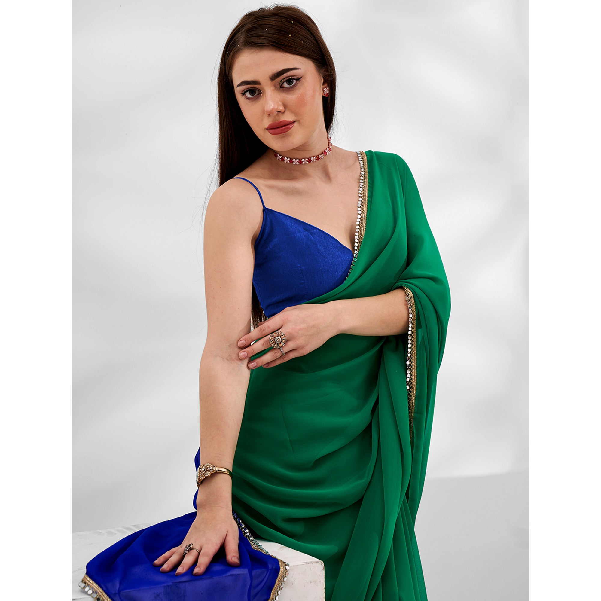 Green & Blue Solid Georgette Designer Saree