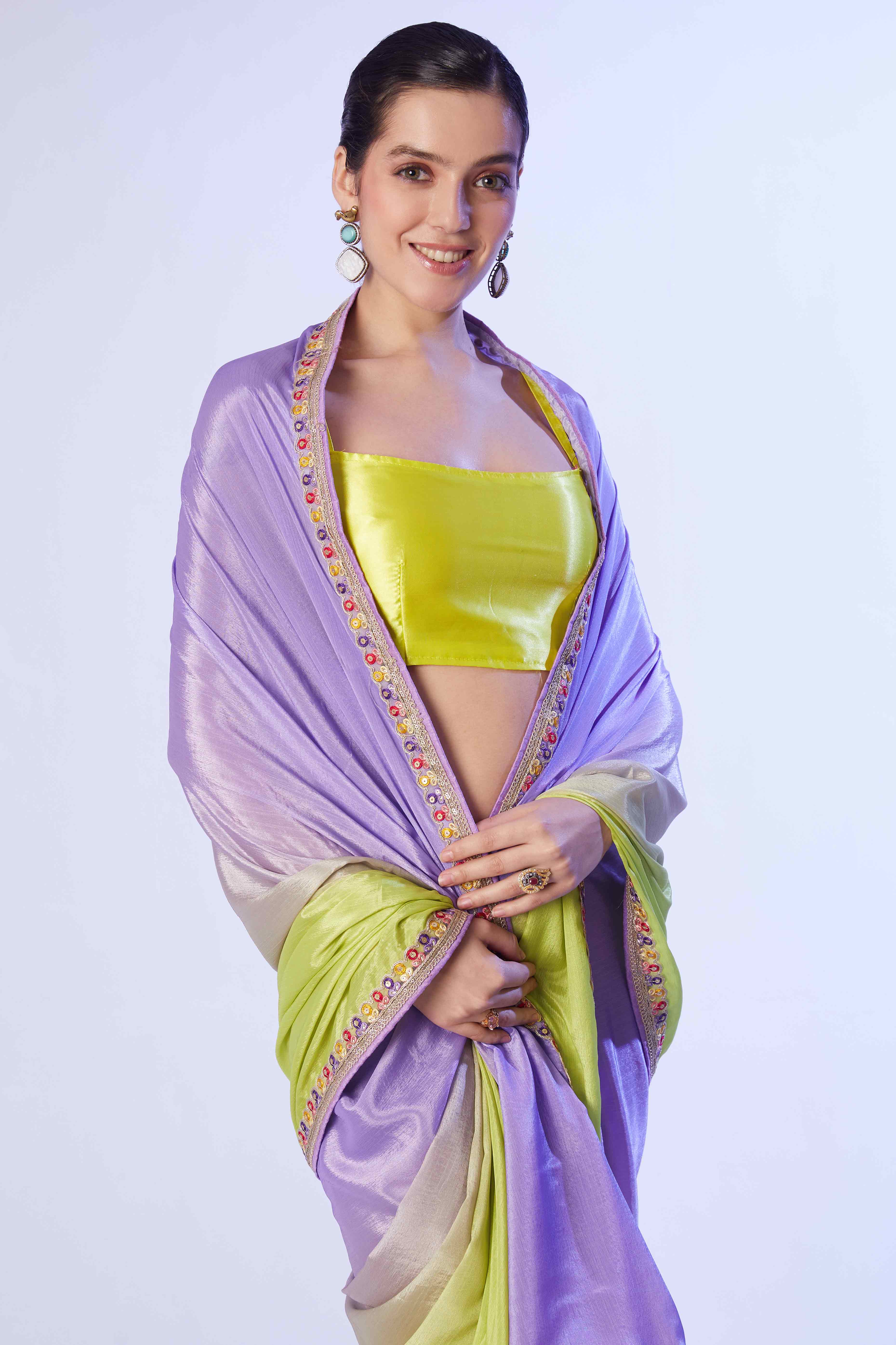 Green & Purple Ombre Bliss Chinon Solid Saree