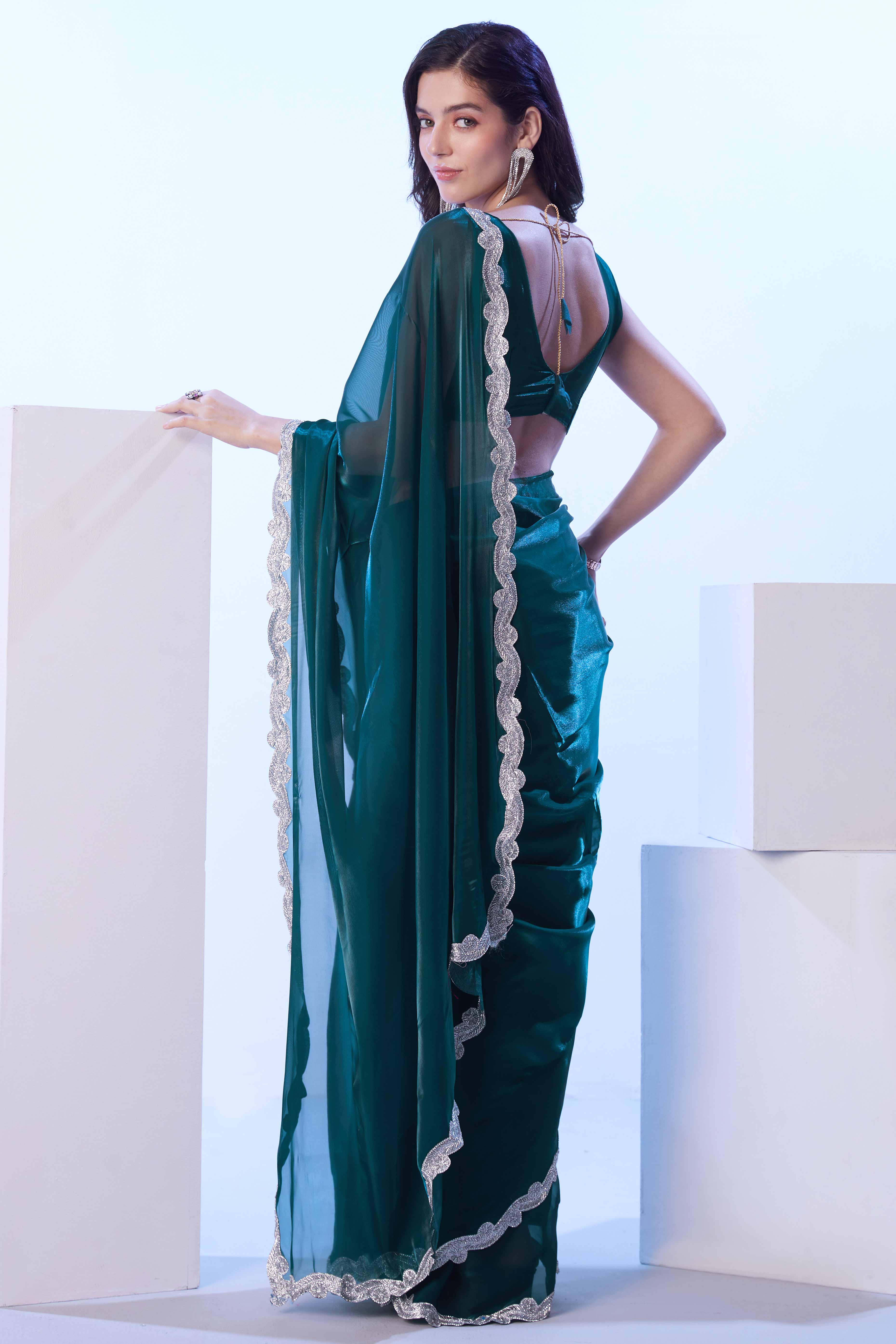 Morpich Green Satin Solid Embroidered Saree Adorned with Beads & Stones