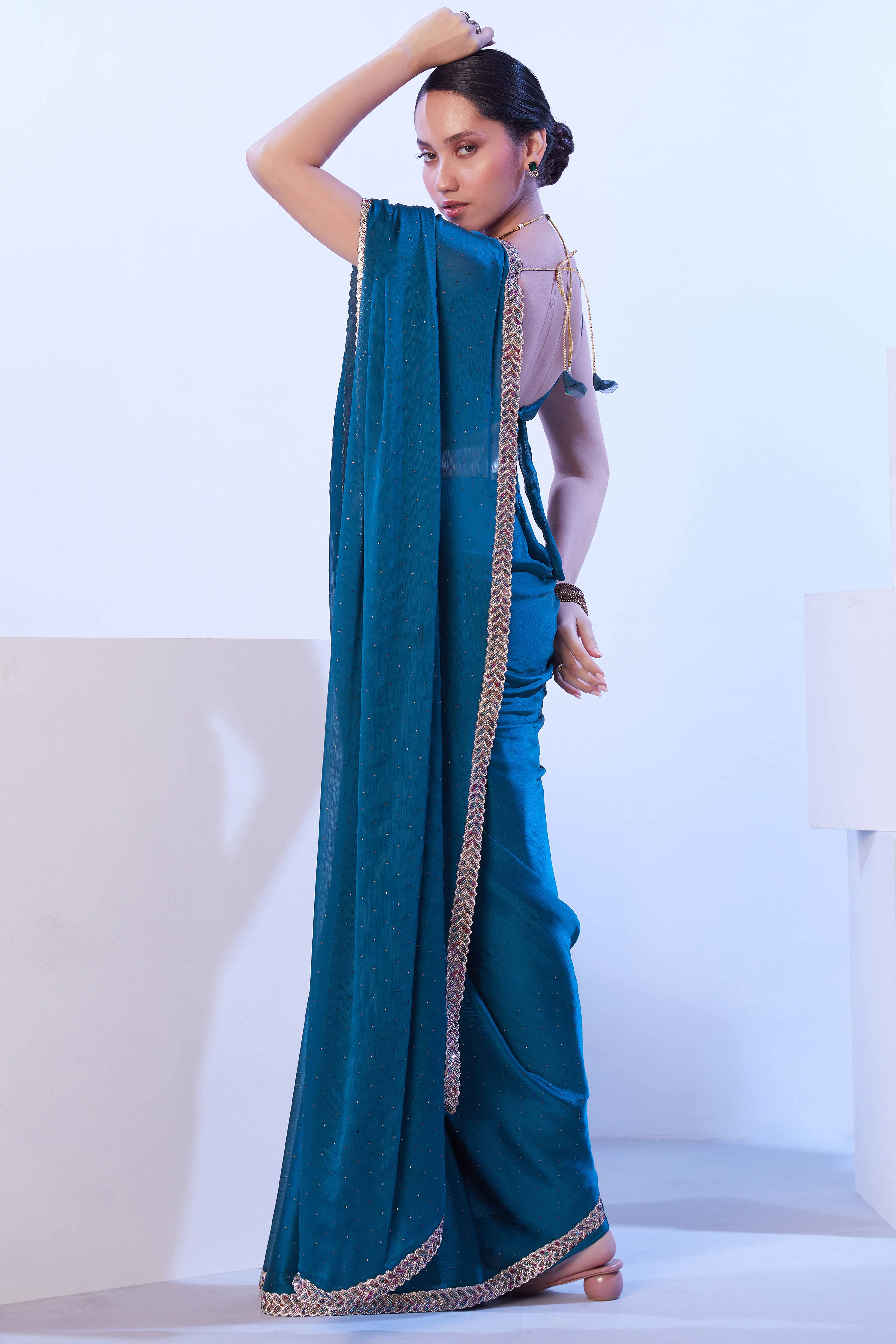 Teal Satin Embroidered Solid Saree Adorned with Beads & Stones