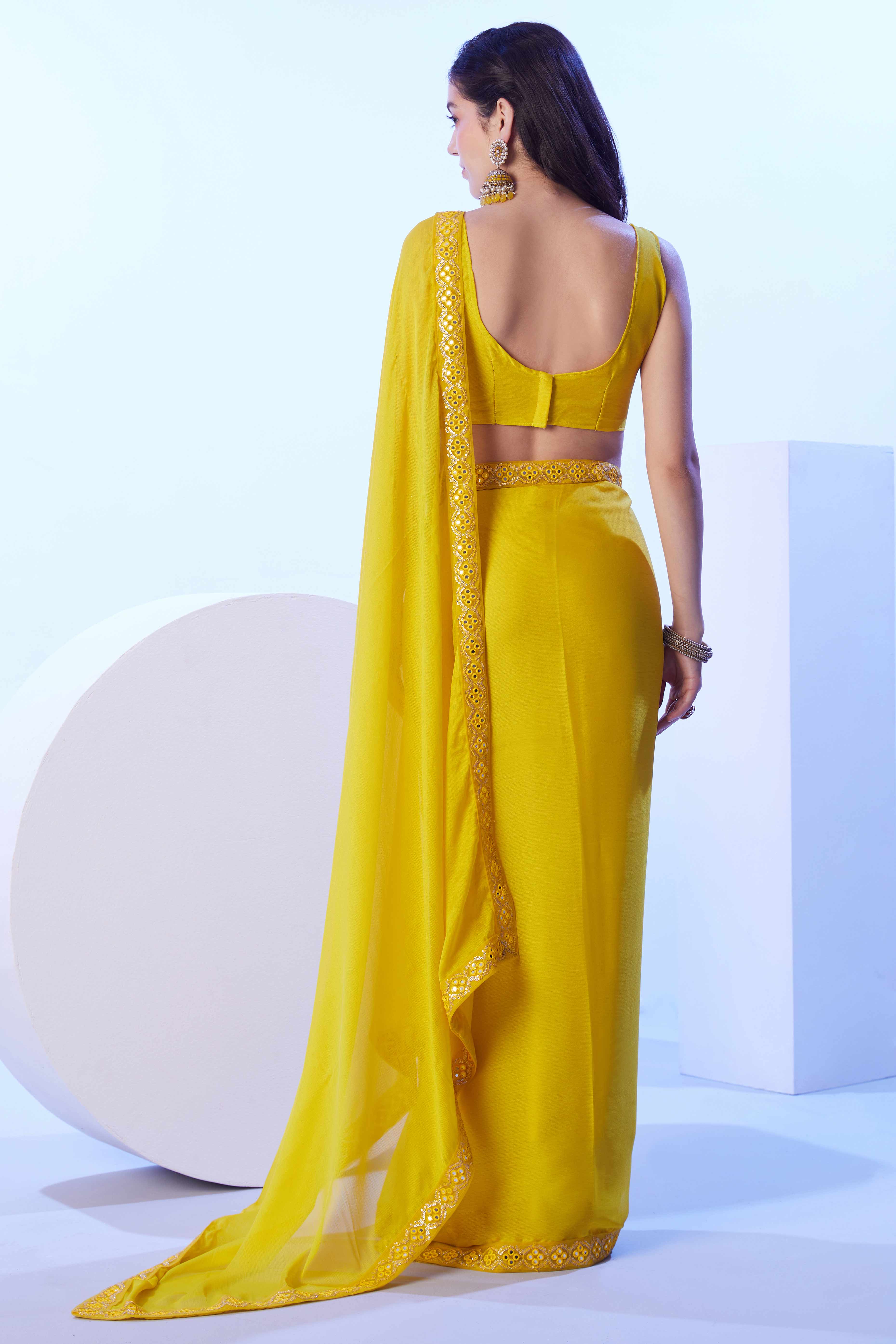 Lime Yellow Chiffon Solid Saree with Mirror Embroidery On Border