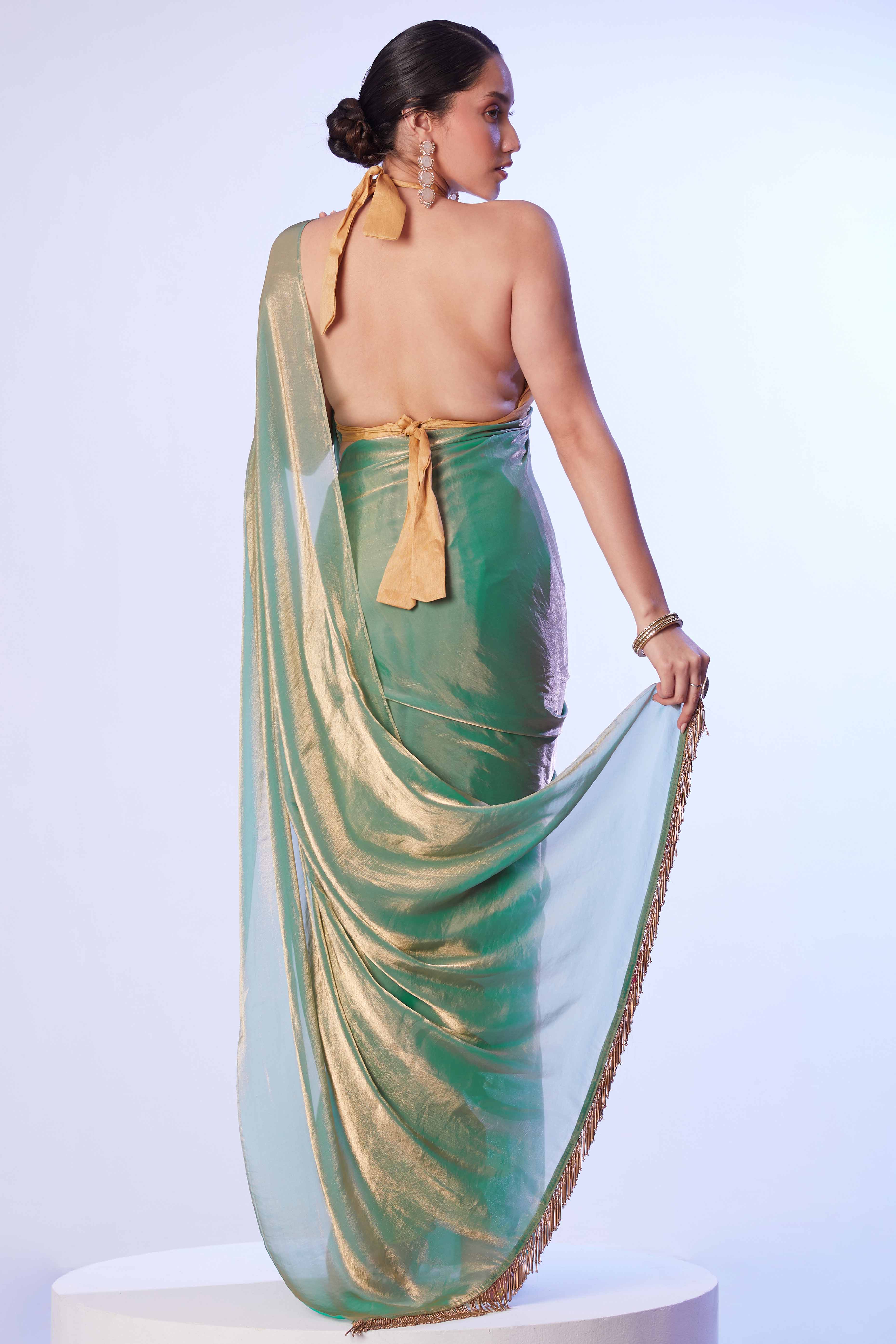 Green Satin Embroidered Solid Saree Adorned with Beads & Stones