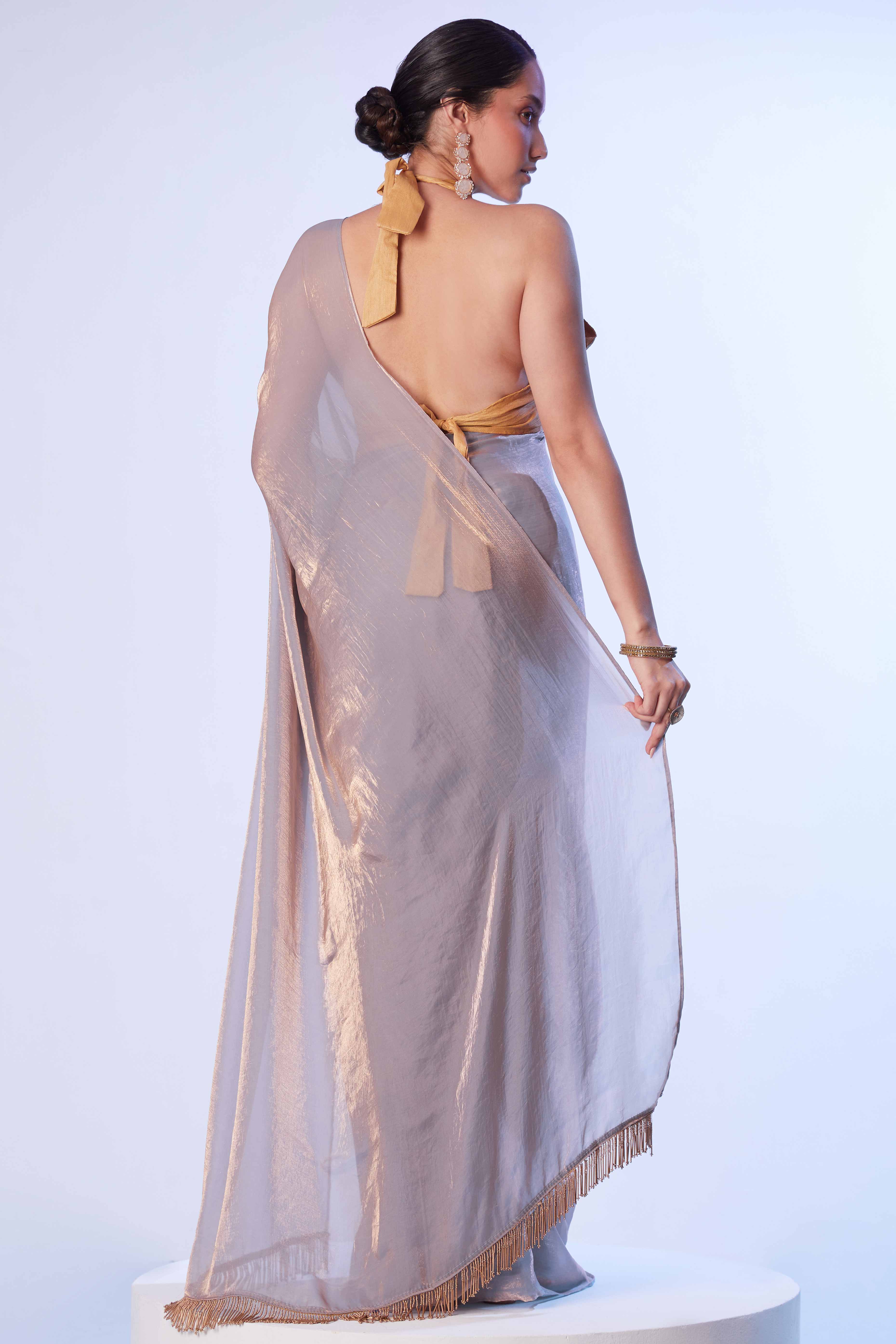 Dusty Grey Satin Solid Embroidered Saree Adorned with Beads & Stones