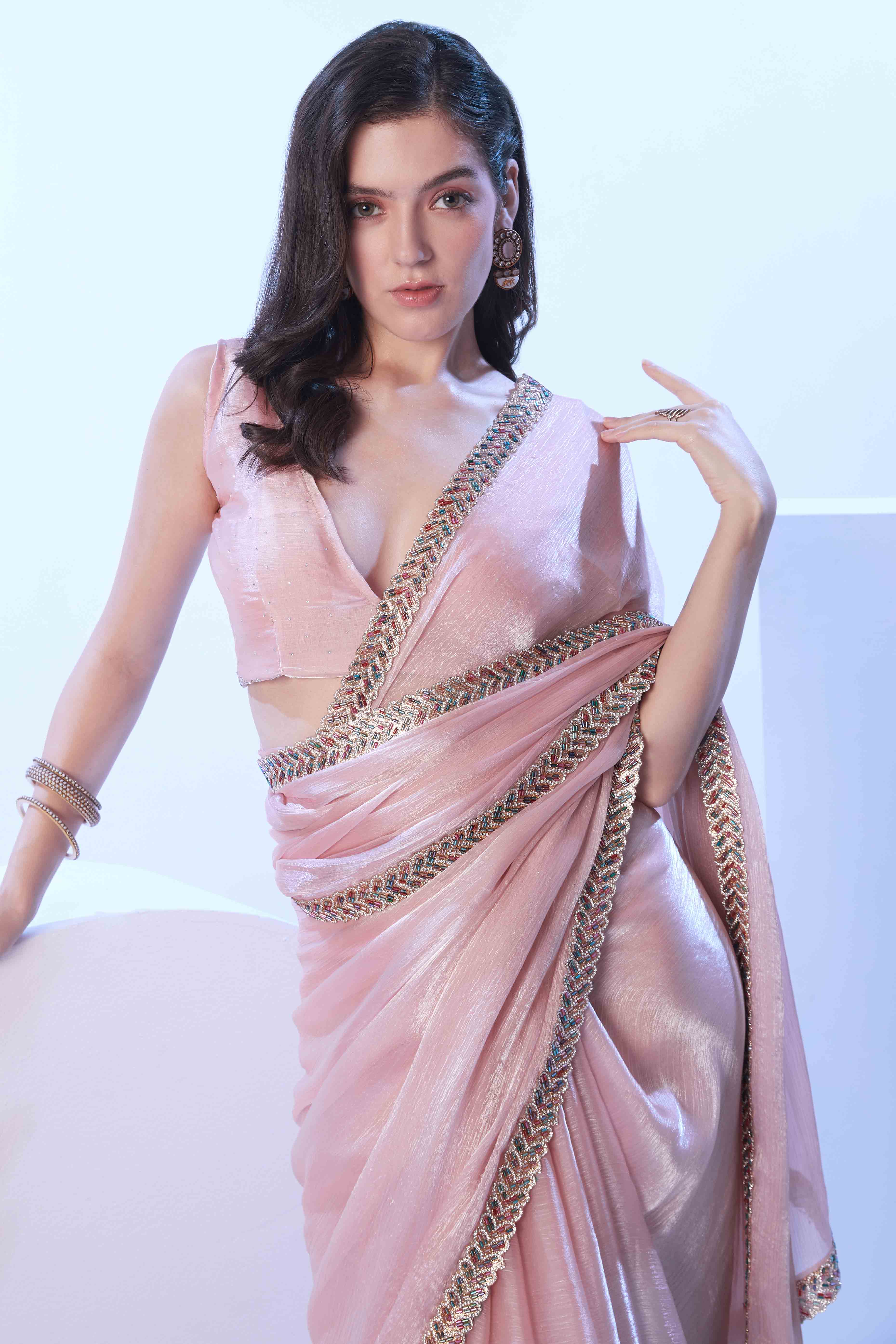 Light Pink Organza Embroidered Solid Saree with Delicate Embroidery