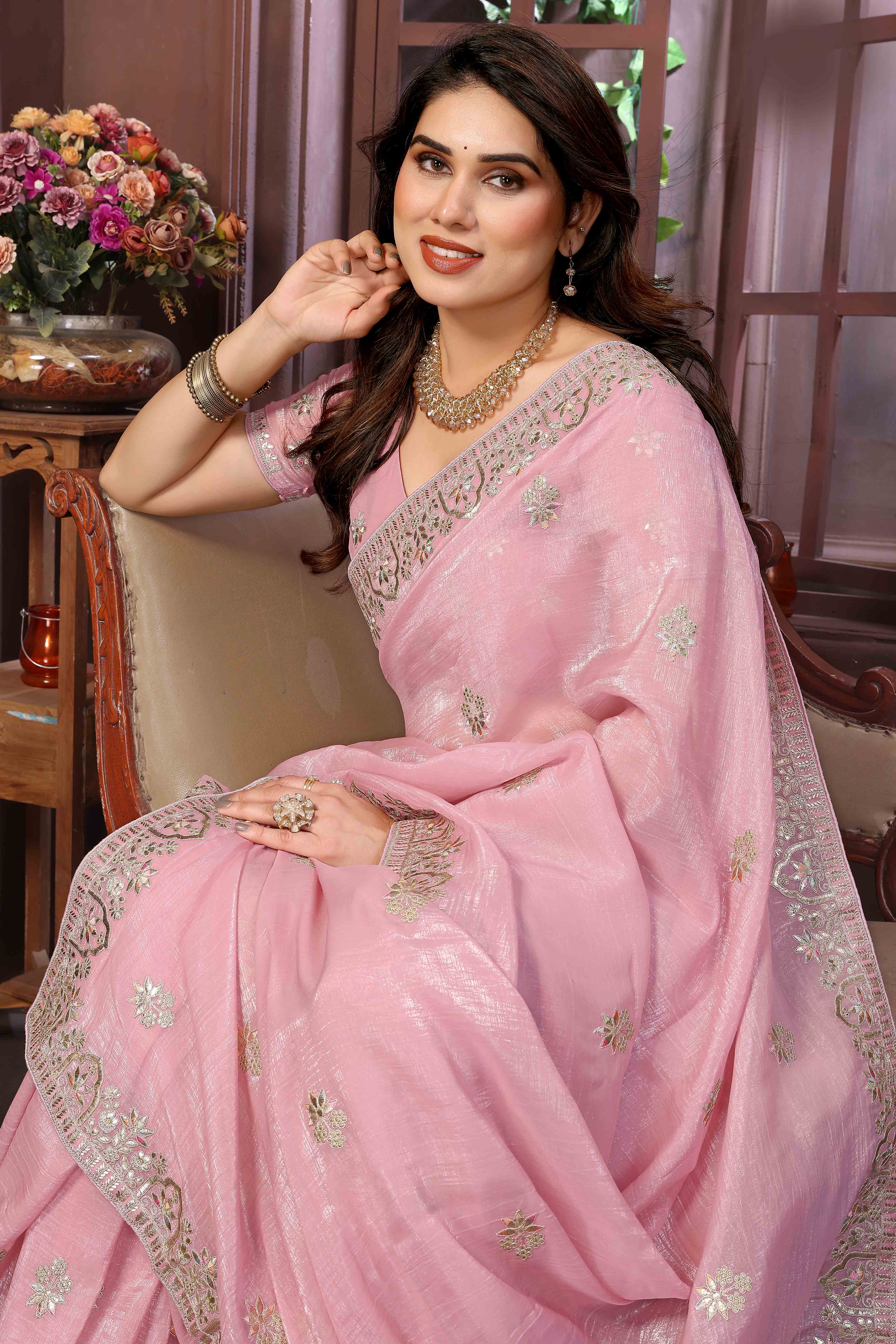 Baby Pink Crunchy Saree With Enchanting Floral Gota Patti Work