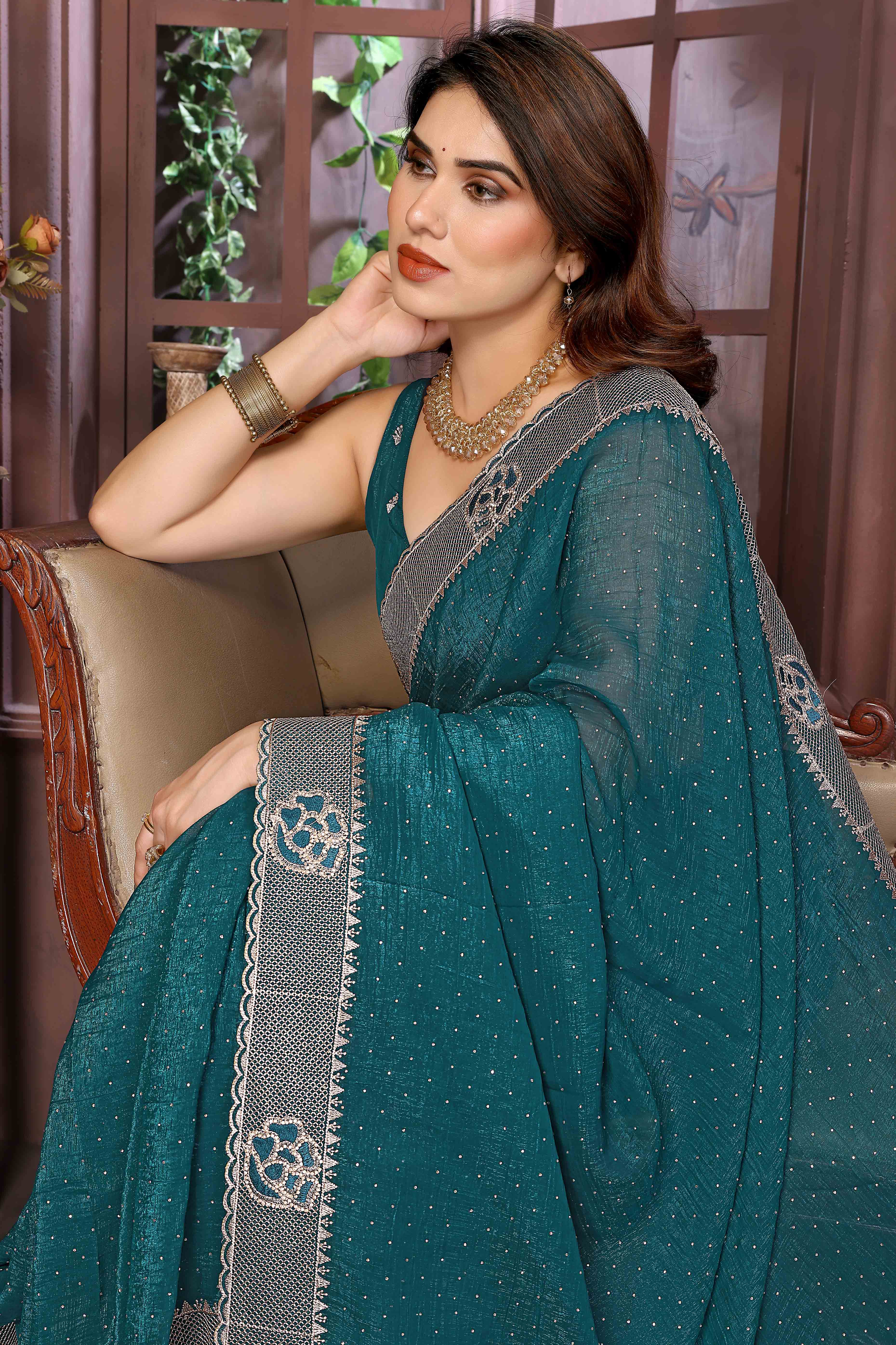 Teal Crunchy Saree Adorned With Swarovski Sparkle & Floral Zari Elegance