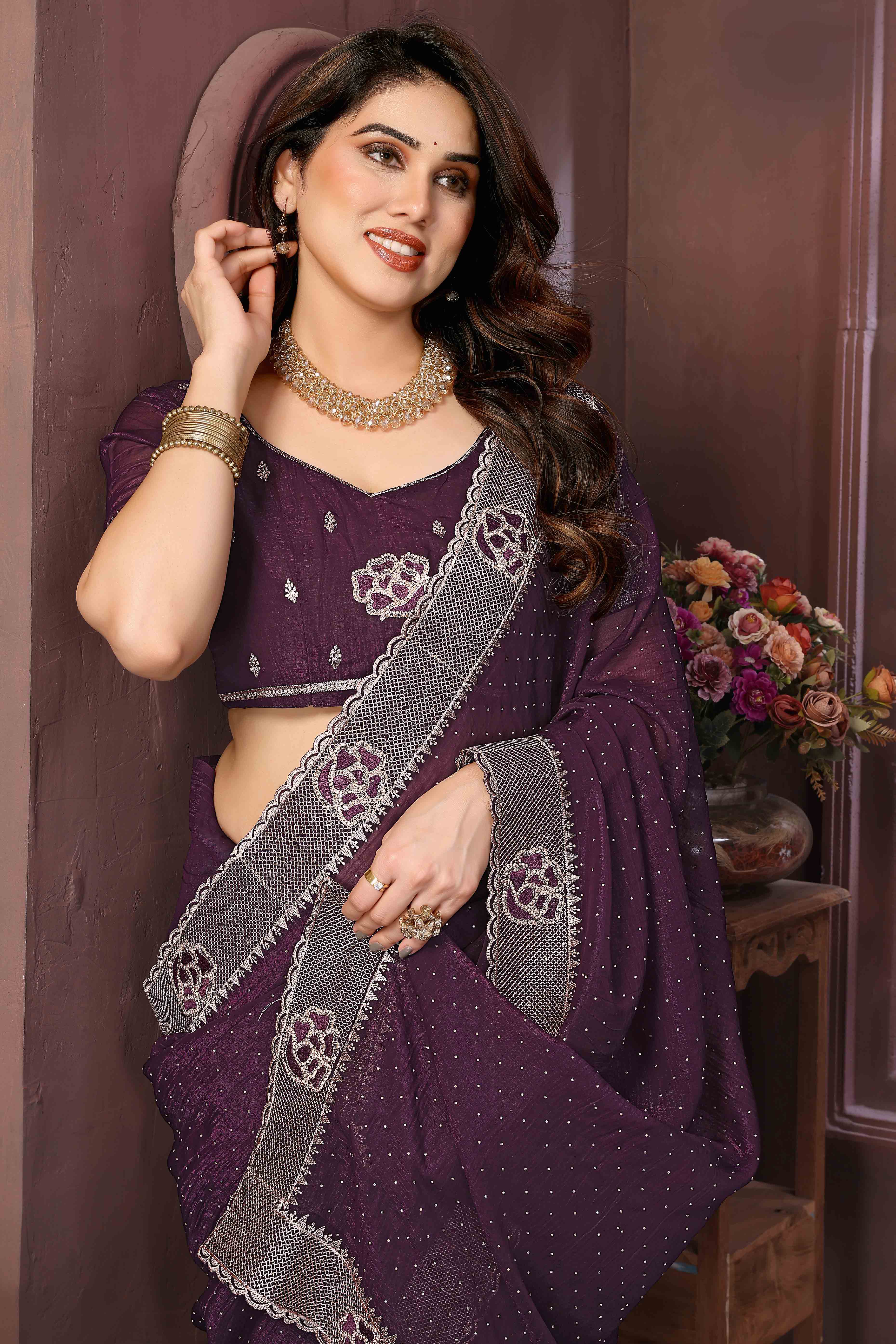 Wine Crunchy Saree Adorned With Swarovski Sparkle & Floral Zari Elegance