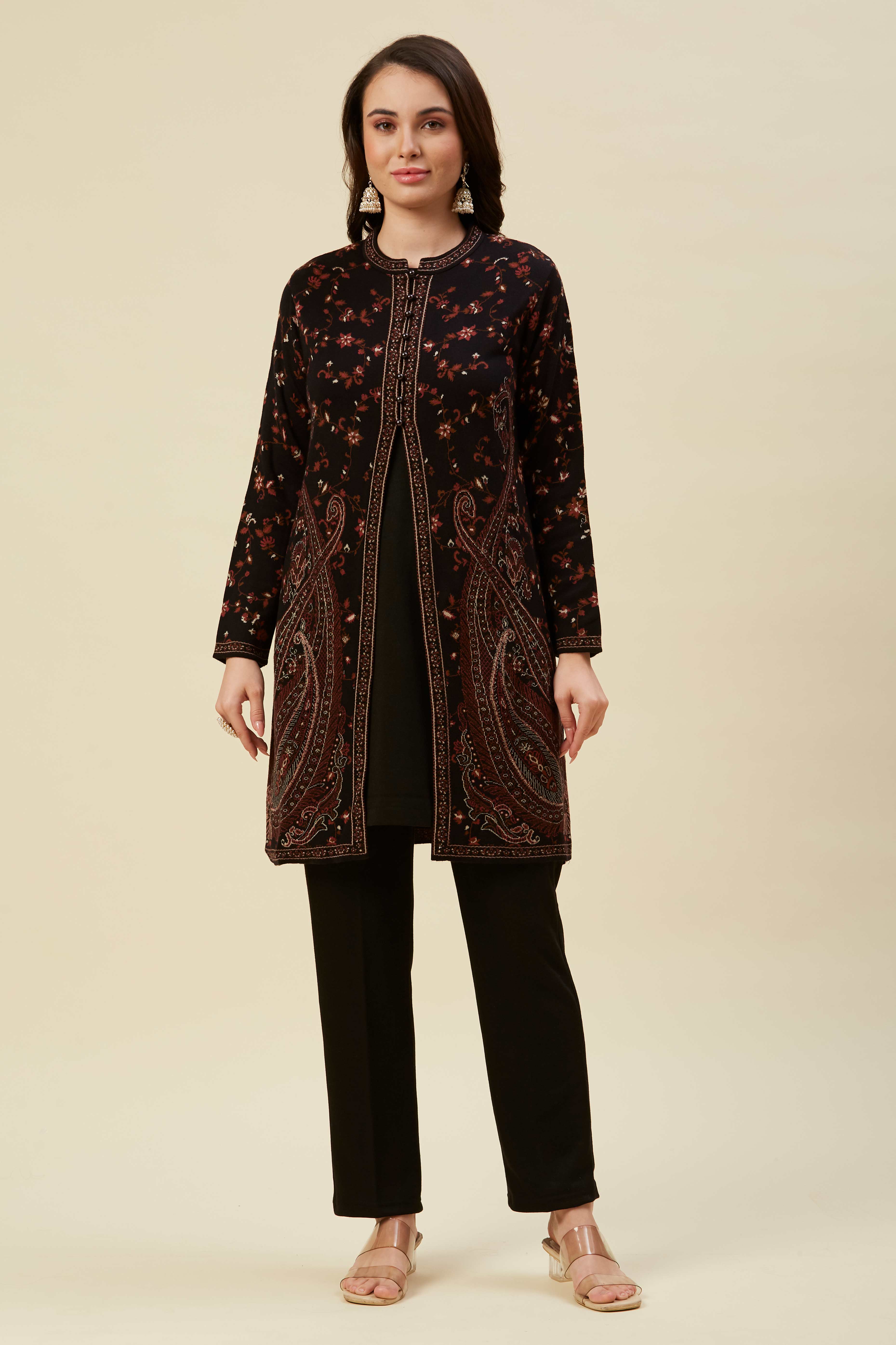 Black Woven Woolen Front Split Top Bottom Set